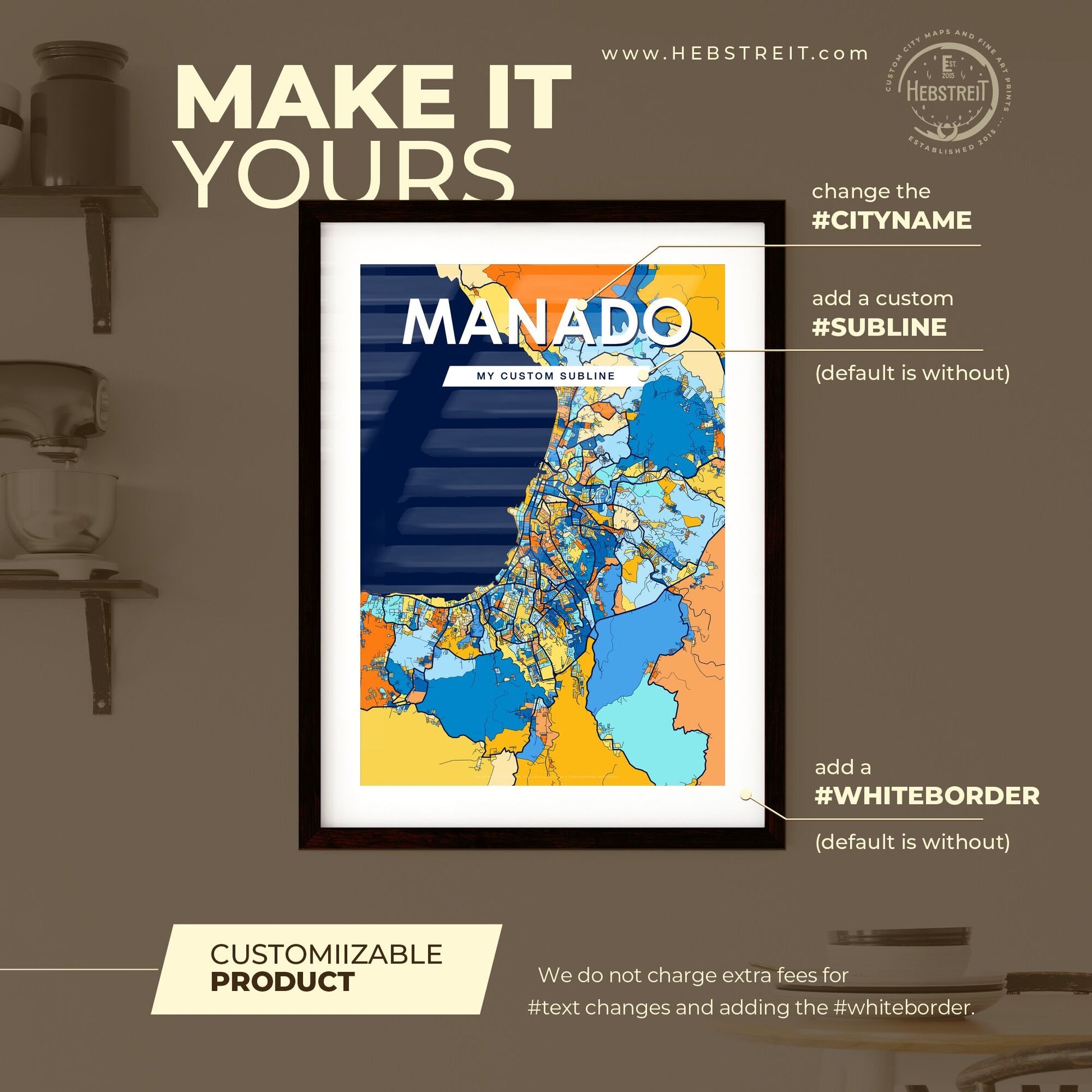 MANADO INDONESIA Vibrant Colorful Art Map Poster Blue Orange