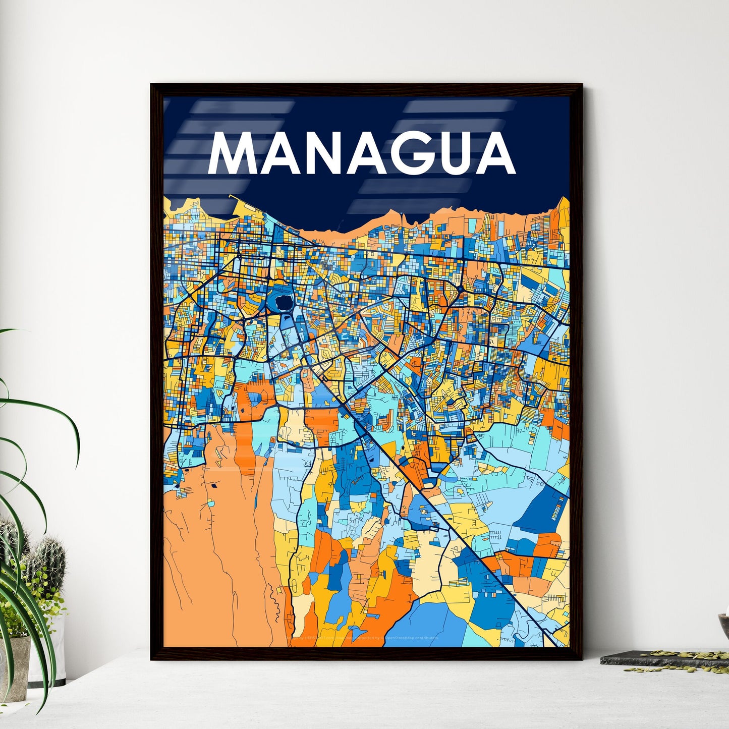 MANAGUA NICARAGUA Vibrant Colorful Art Map Poster Blue Orange