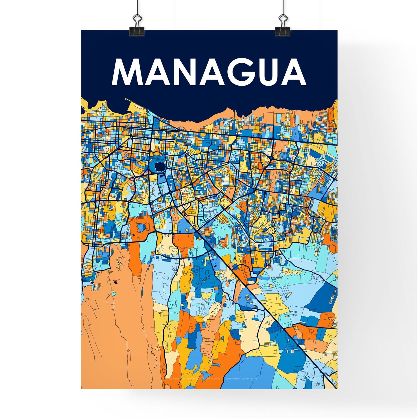 MANAGUA NICARAGUA Vibrant Colorful Art Map Poster Blue Orange