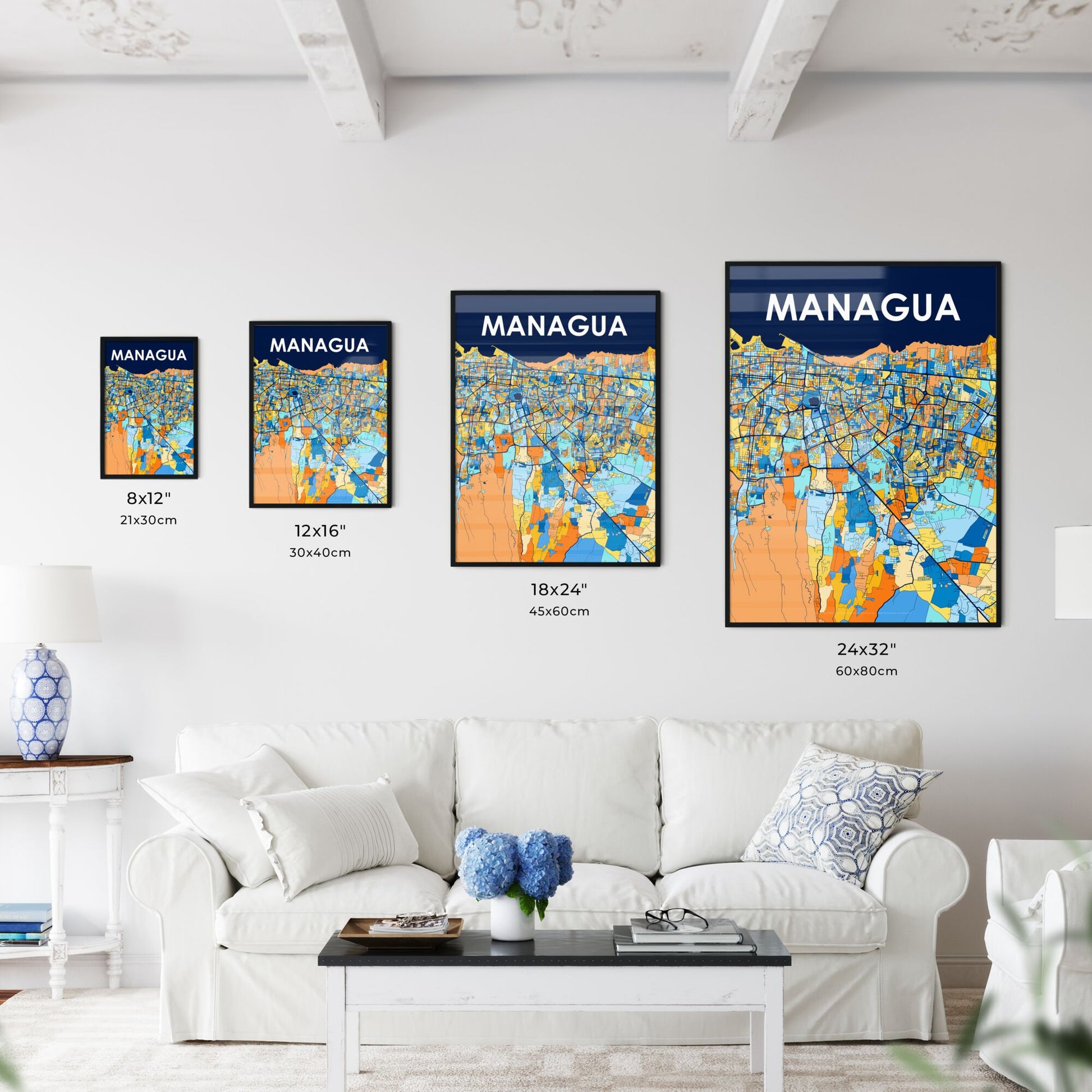 MANAGUA NICARAGUA Vibrant Colorful Art Map Poster Blue Orange