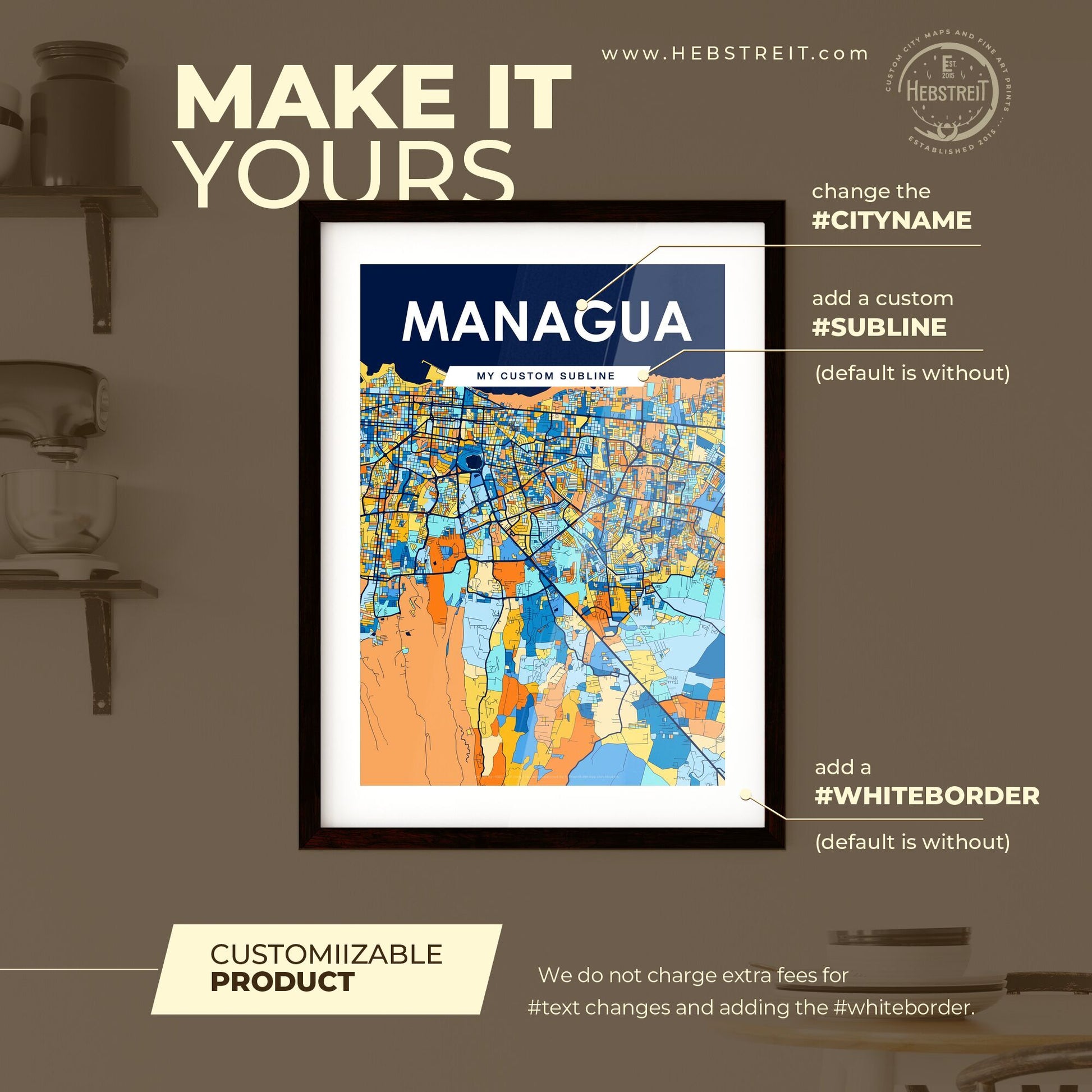 MANAGUA NICARAGUA Vibrant Colorful Art Map Poster Blue Orange