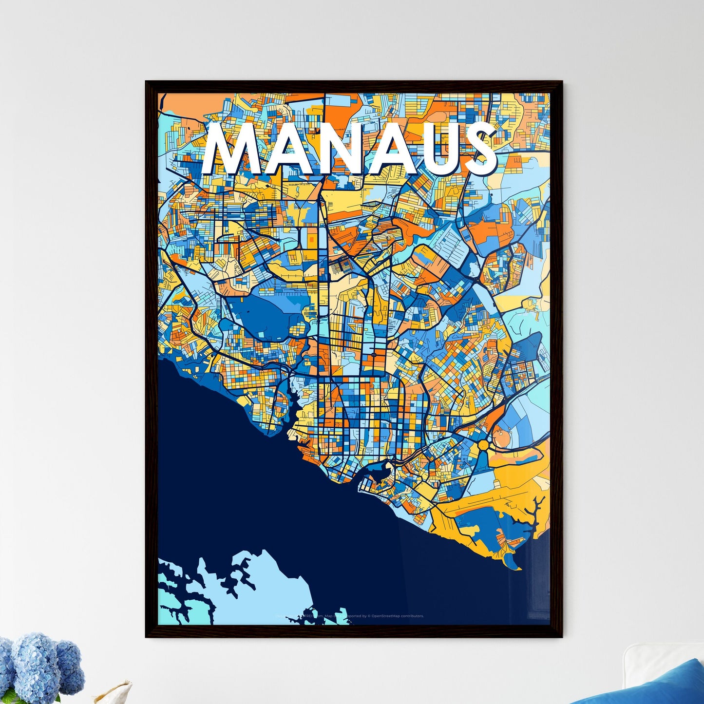 MANAUS BRAZIL Vibrant Colorful Art Map Poster Blue Orange