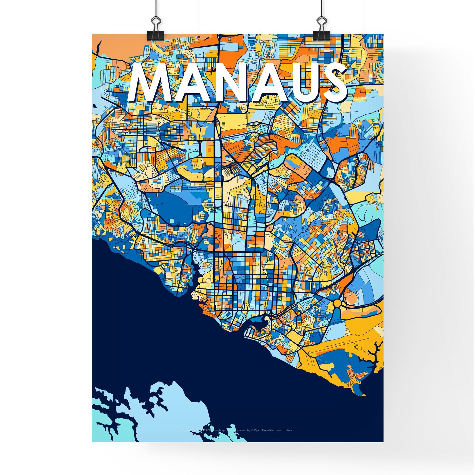 MANAUS BRAZIL Vibrant Colorful Art Map Poster Blue Orange