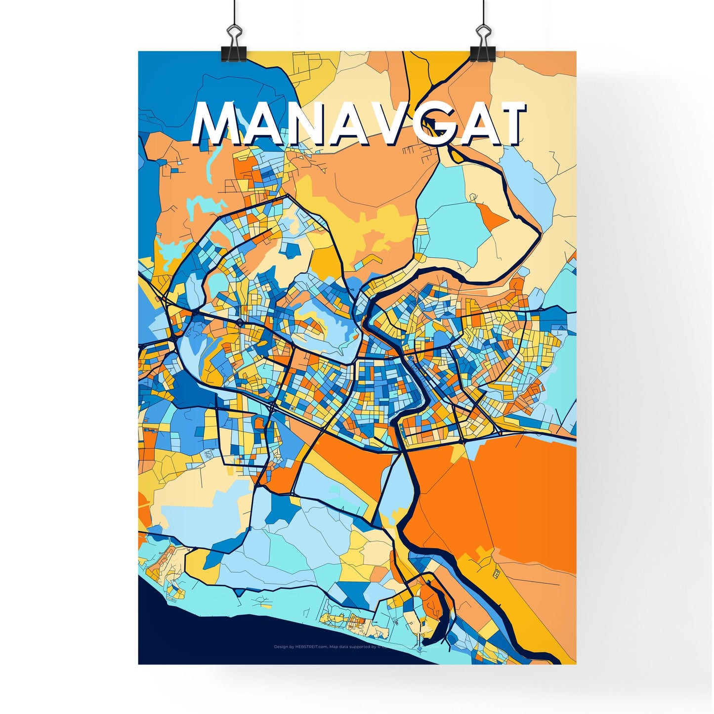 MANAVGAT TURKEY Vibrant Colorful Art Map Poster Blue Orange