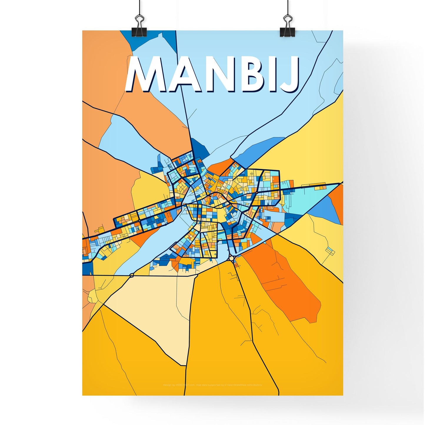 MANBIJ SYRIA Vibrant Colorful Art Map Poster Blue Orange