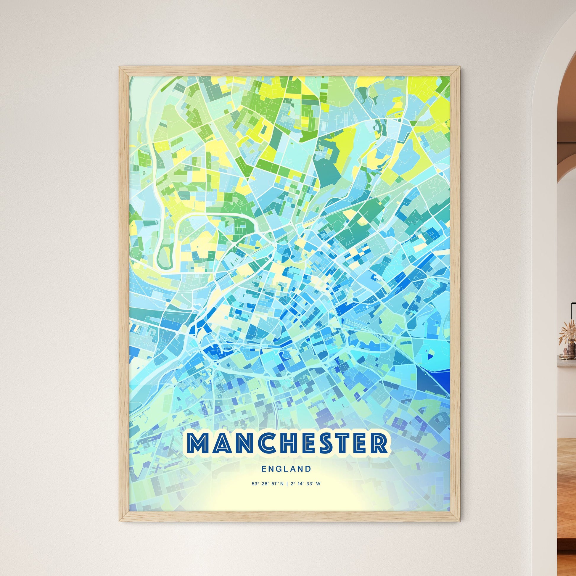 Colorful Manchester England Fine Art Map Cool Blue