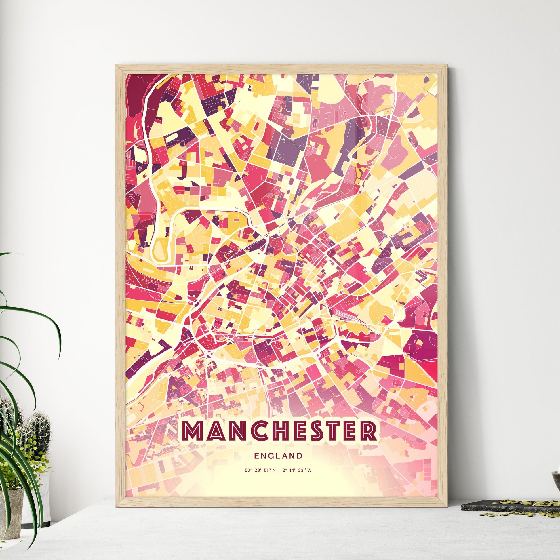 Colorful Manchester England Fine Art Map Hot Red
