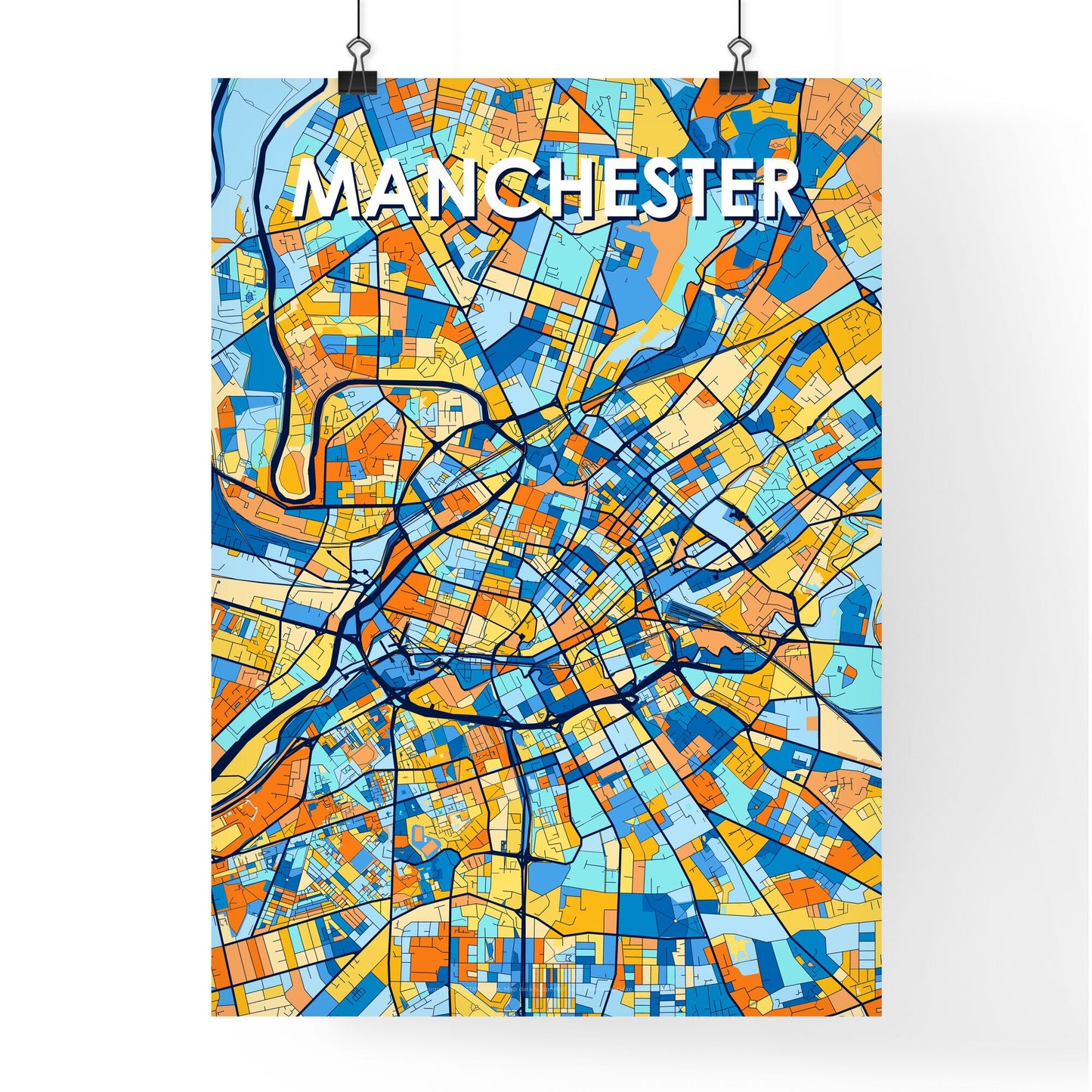 MANCHESTER ENGLAND Vibrant Colorful Art Map Poster Blue Orange