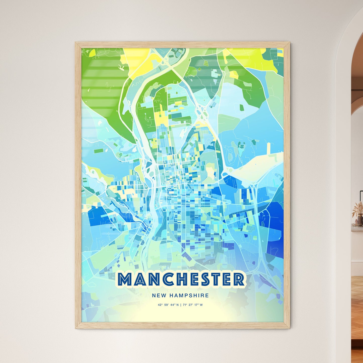 Colorful Manchester New Hampshire Fine Art Map Cool Blue
