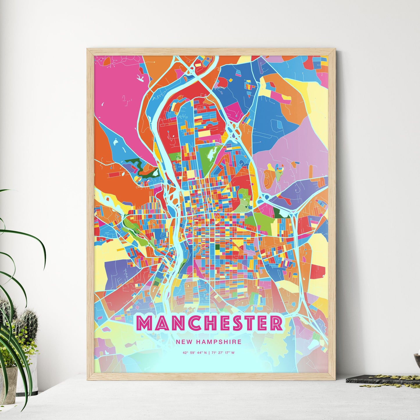 Colorful Manchester New Hampshire Fine Art Map Crazy Colors
