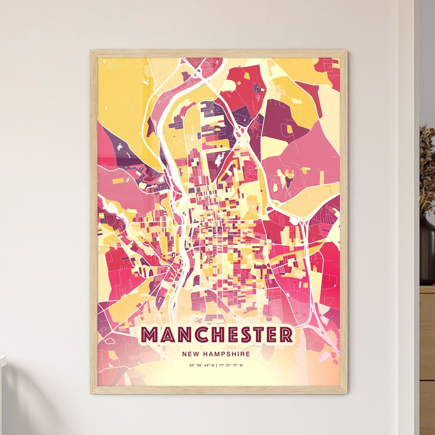 Colorful Manchester New Hampshire Fine Art Map Hot Red