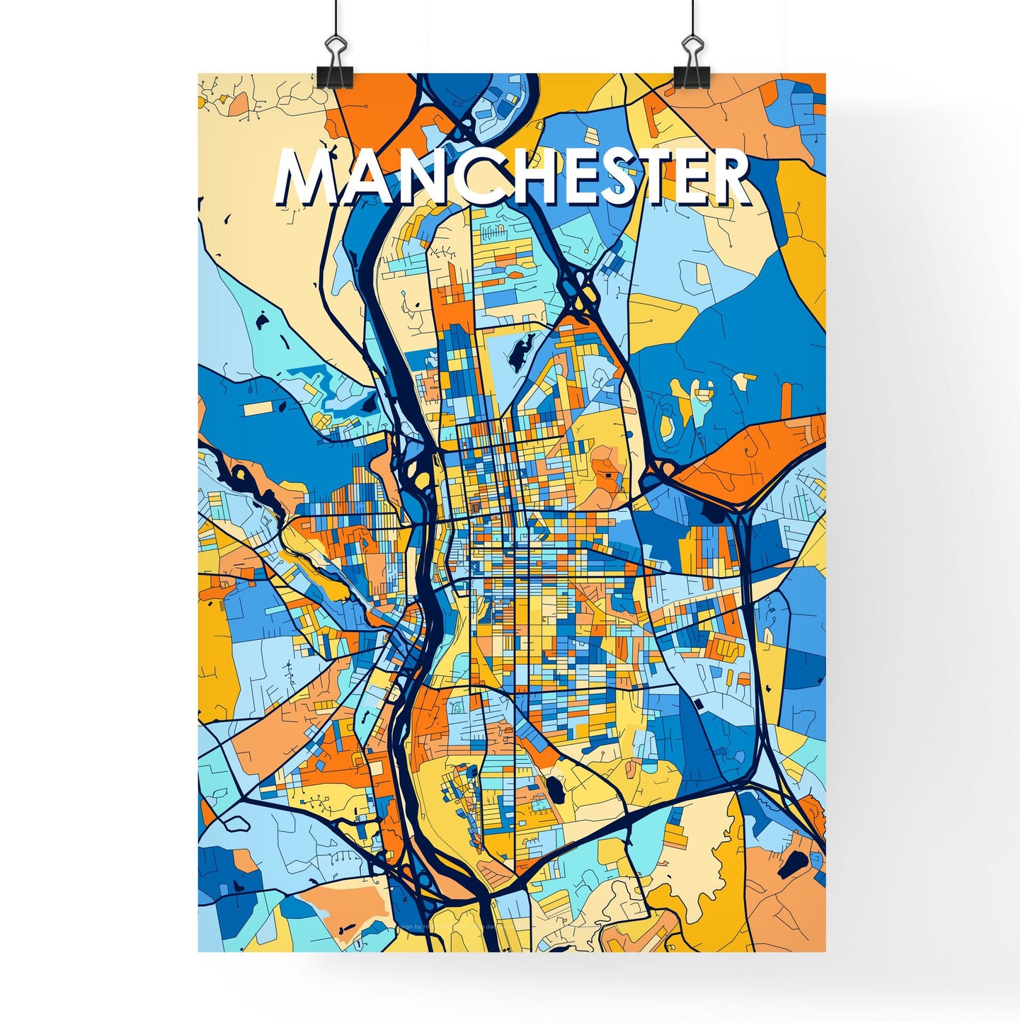 MANCHESTER NEW HAMPSHIRE Vibrant Colorful Art Map Poster Blue Orange