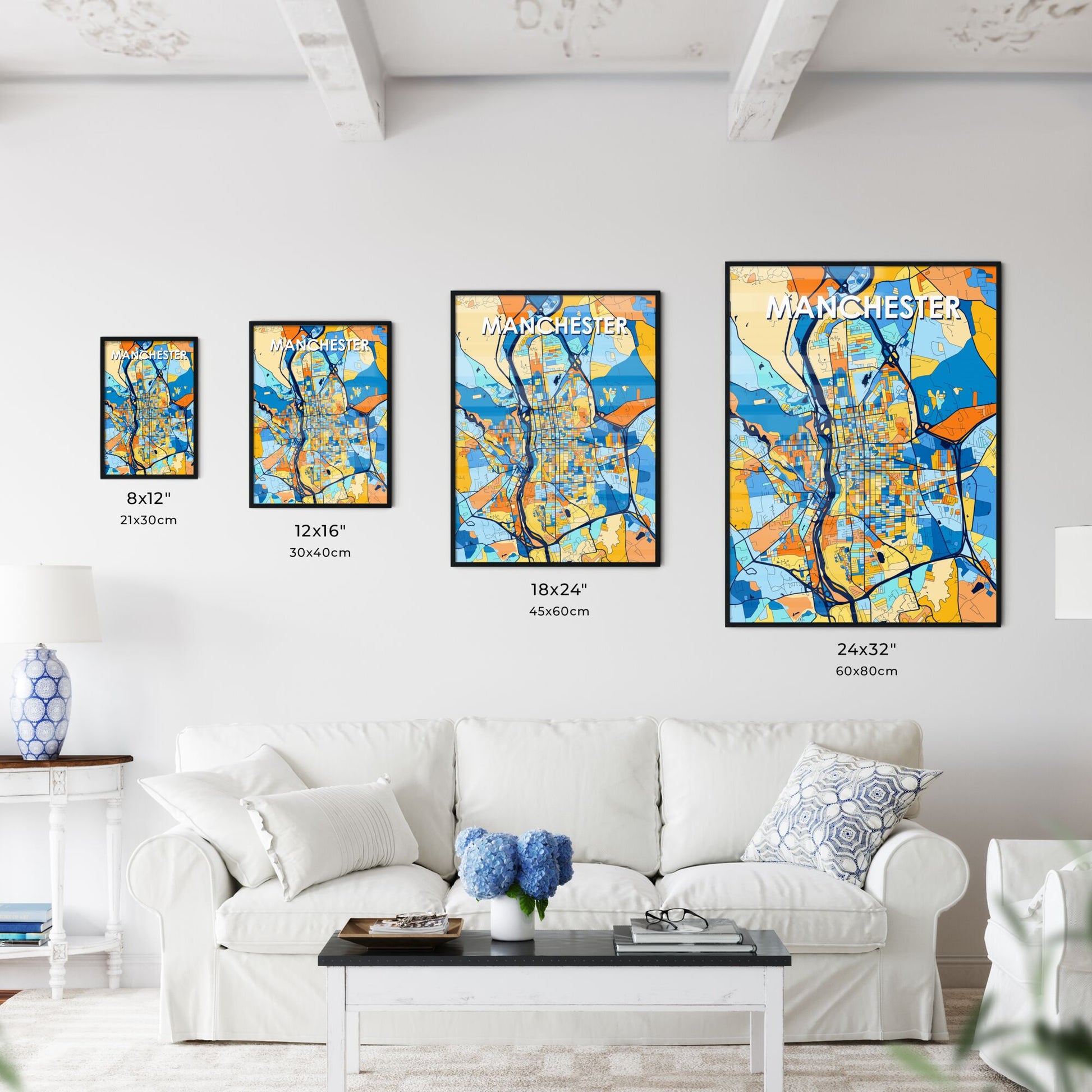 MANCHESTER NEW HAMPSHIRE Vibrant Colorful Art Map Poster Blue Orange