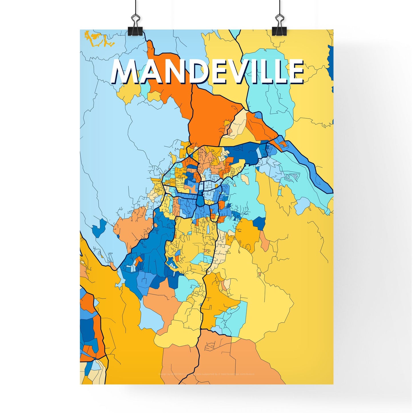 MANDEVILLE JAMAICA Vibrant Colorful Art Map Poster Blue Orange