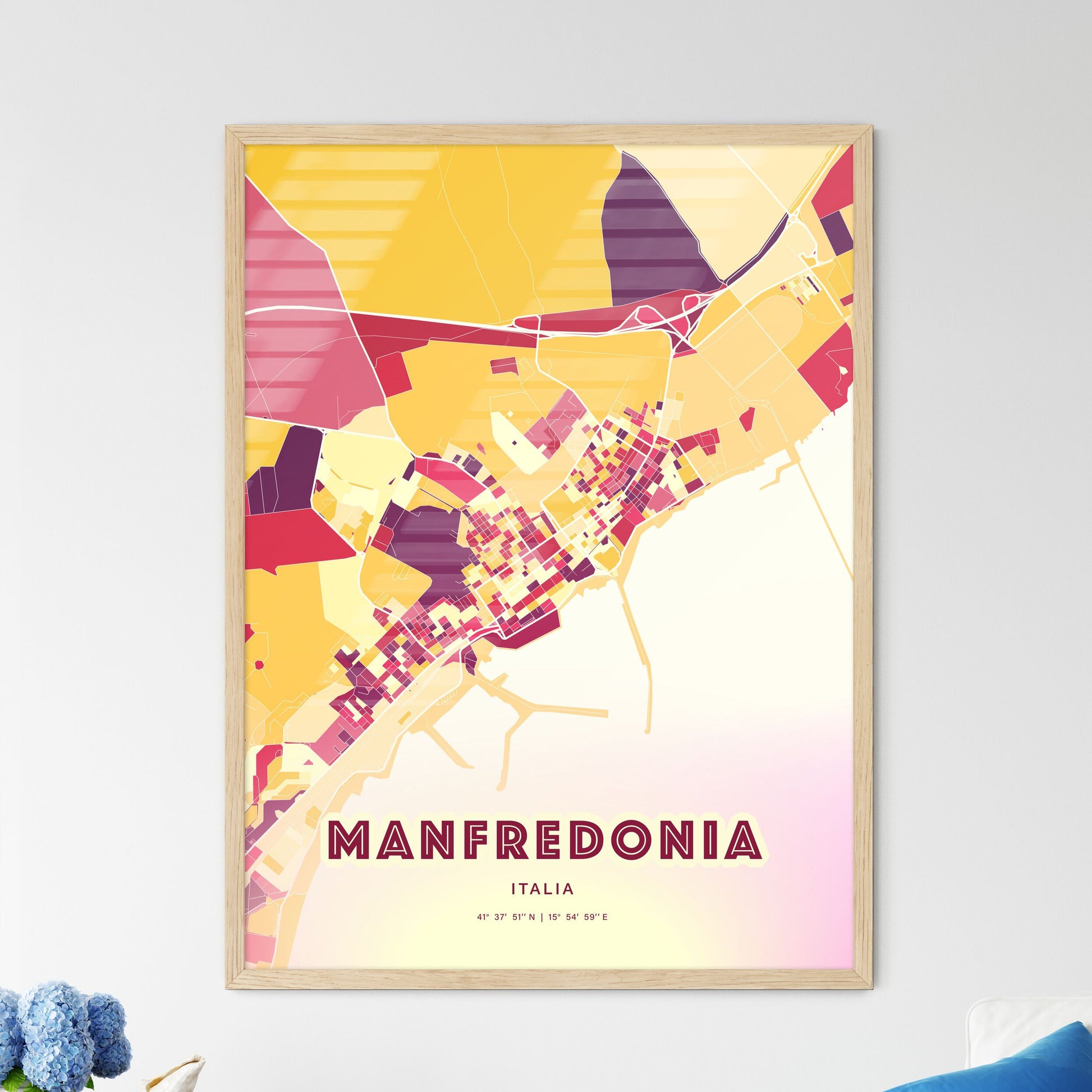 Colorful Manfredonia Italy Fine Art Map Hot Red