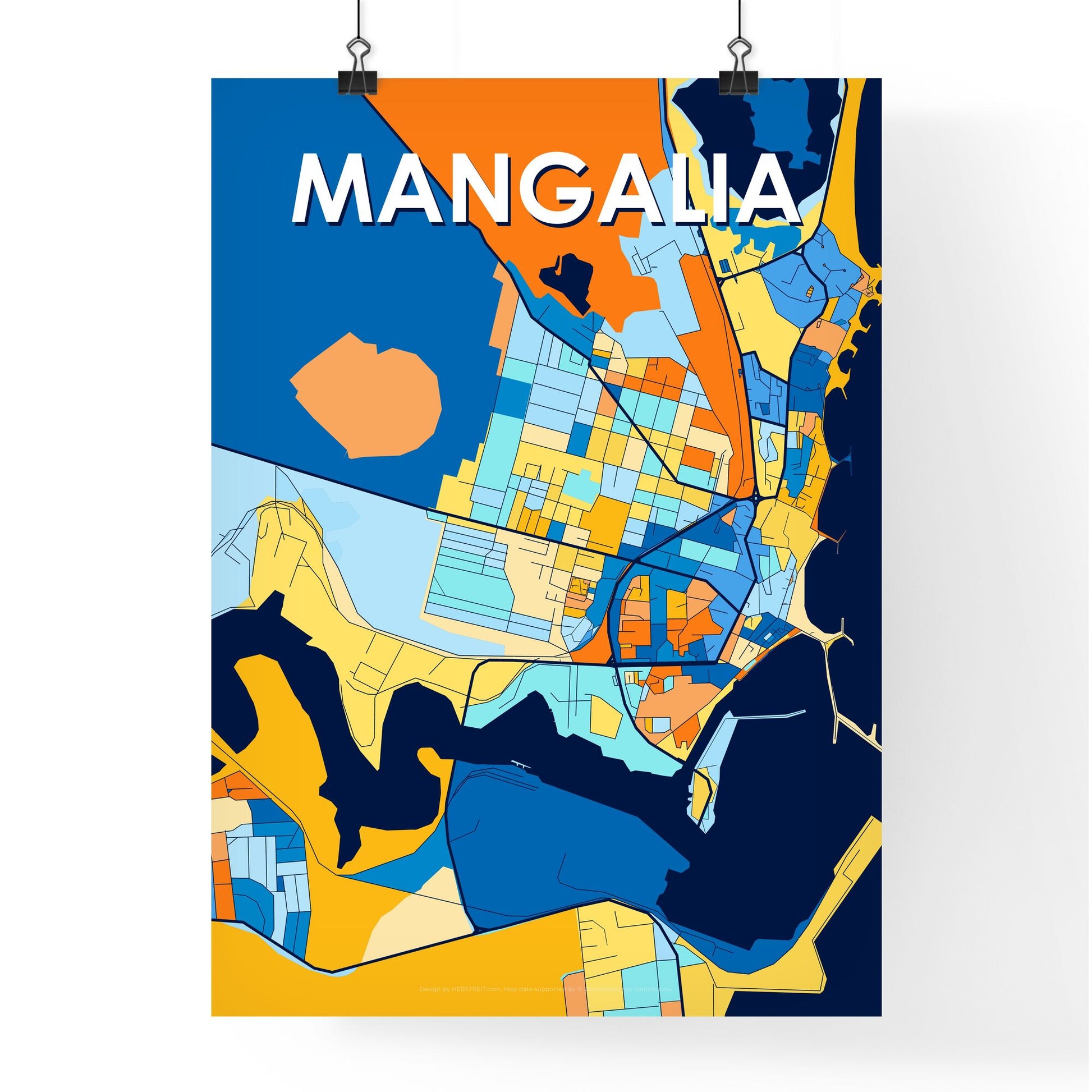 MANGALIA ROMANIA Vibrant Colorful Art Map Poster Blue Orange