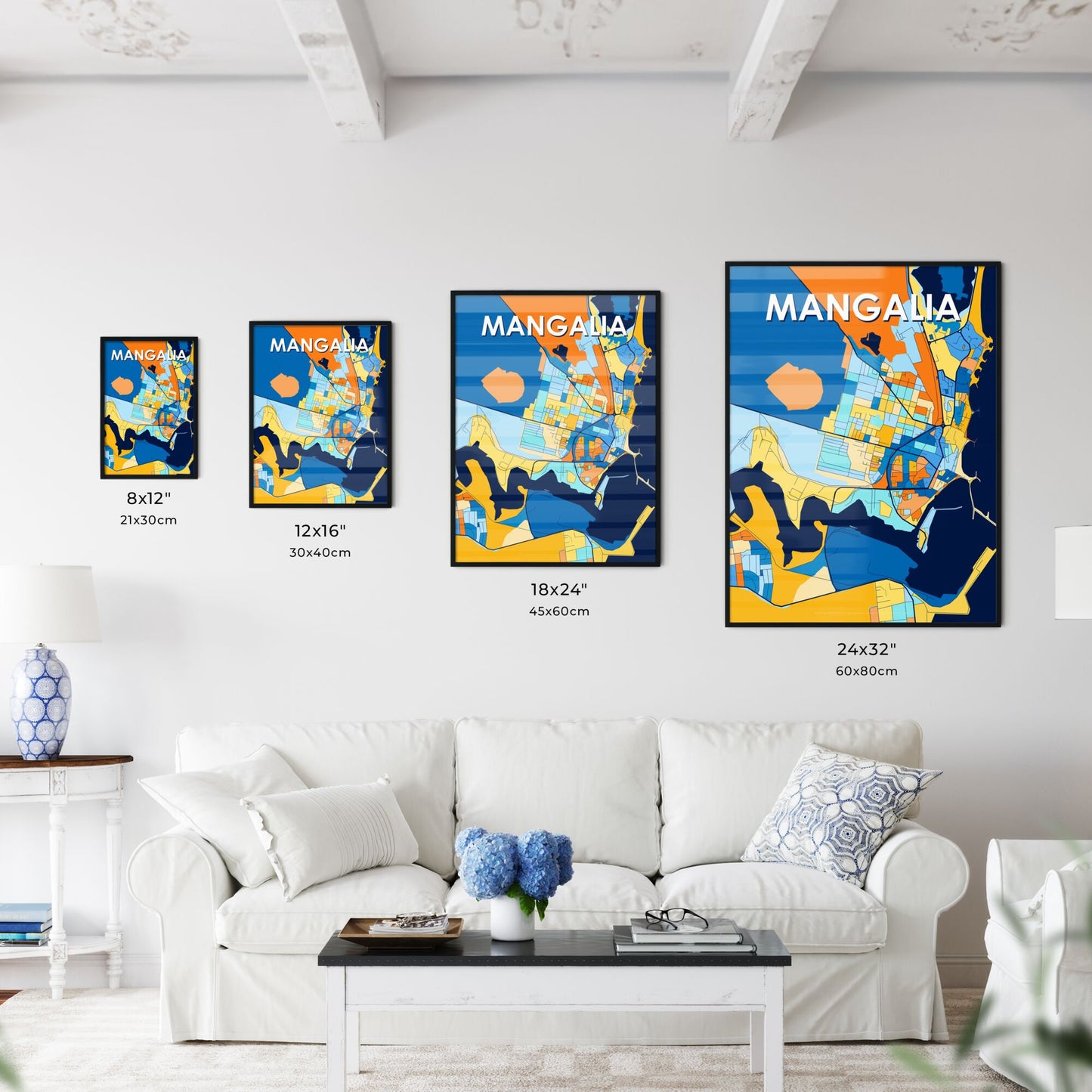 MANGALIA ROMANIA Vibrant Colorful Art Map Poster Blue Orange