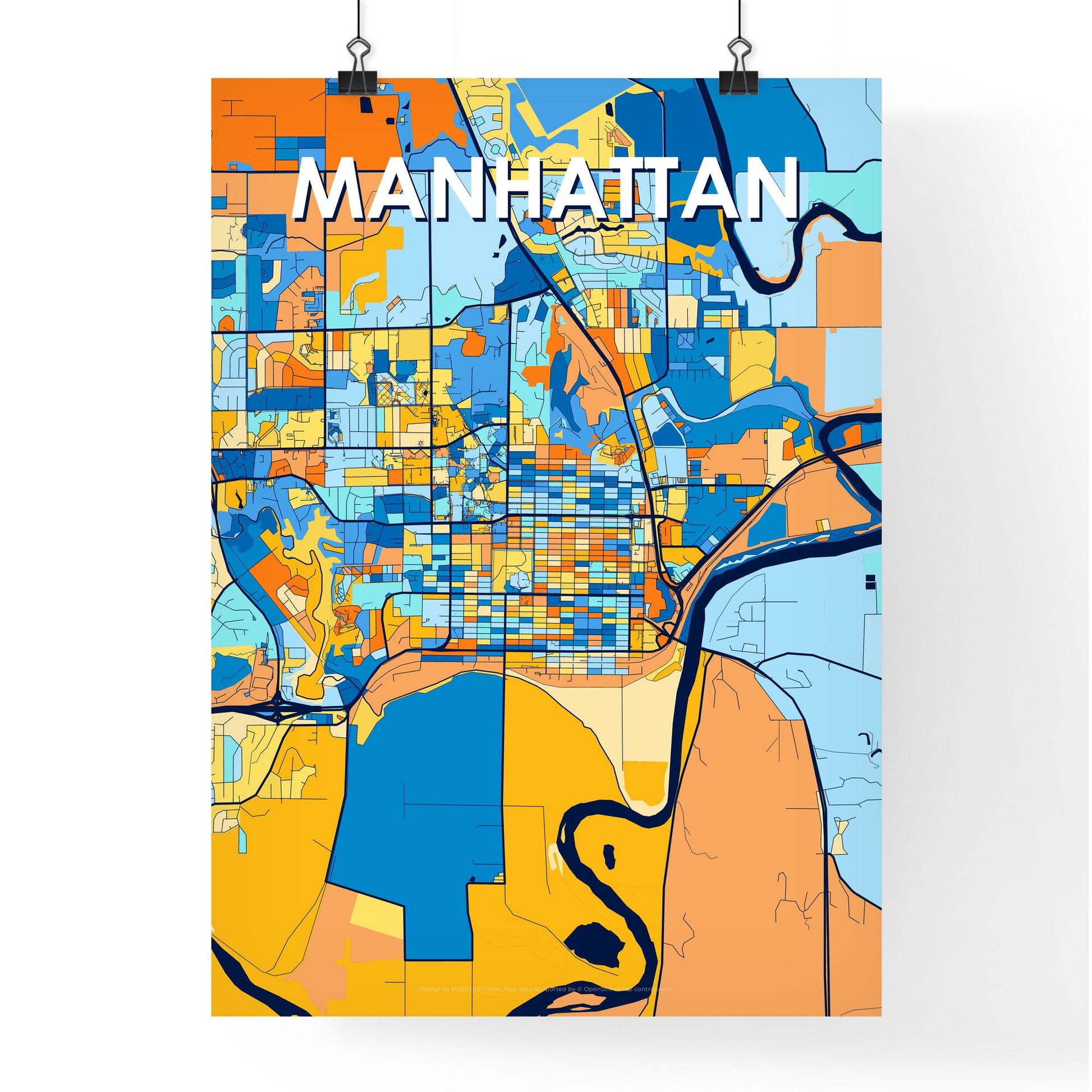 MANHATTAN KANSAS Vibrant Colorful Art Map Poster Blue Orange