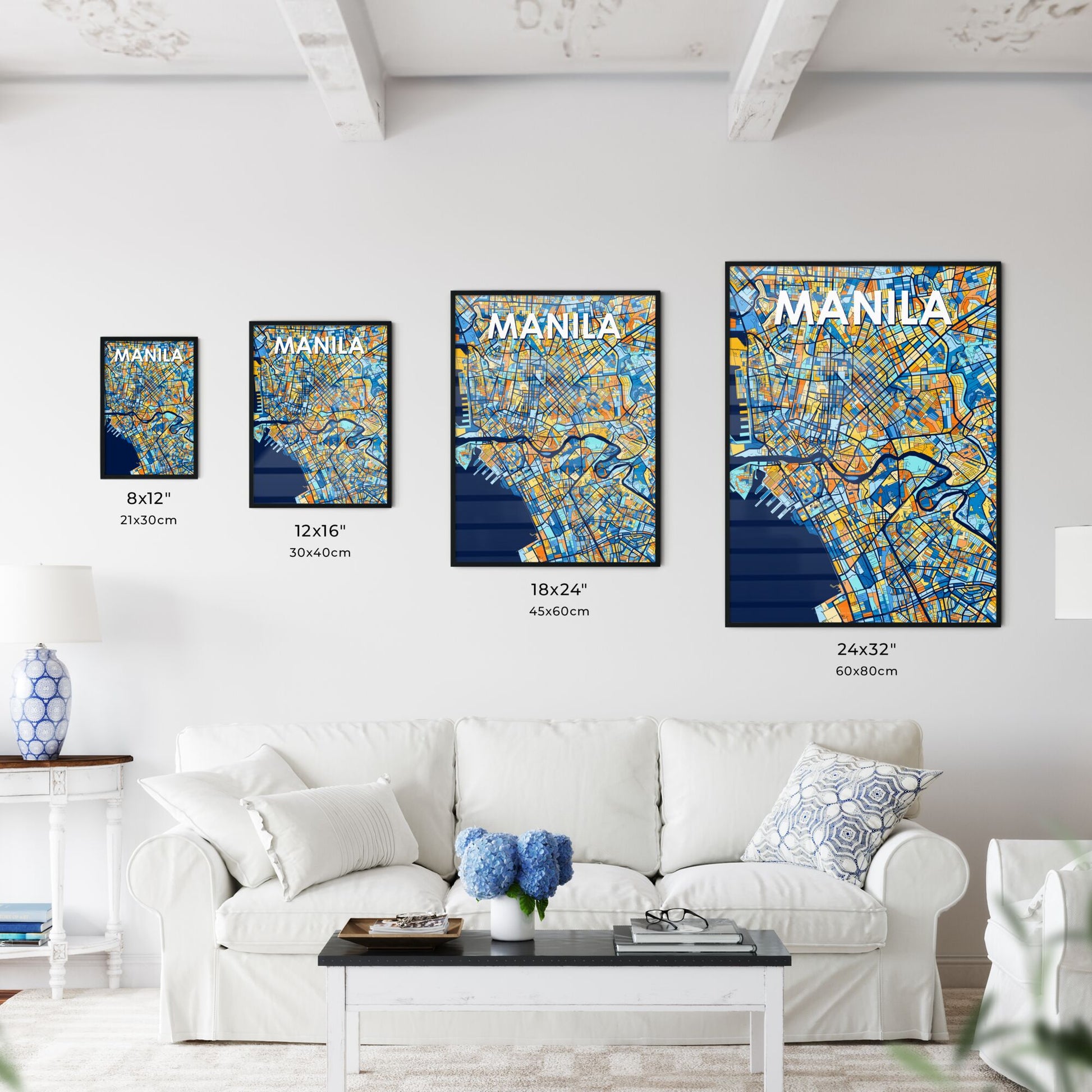 MANILA PHILIPPINES Vibrant Colorful Art Map Poster Blue Orange