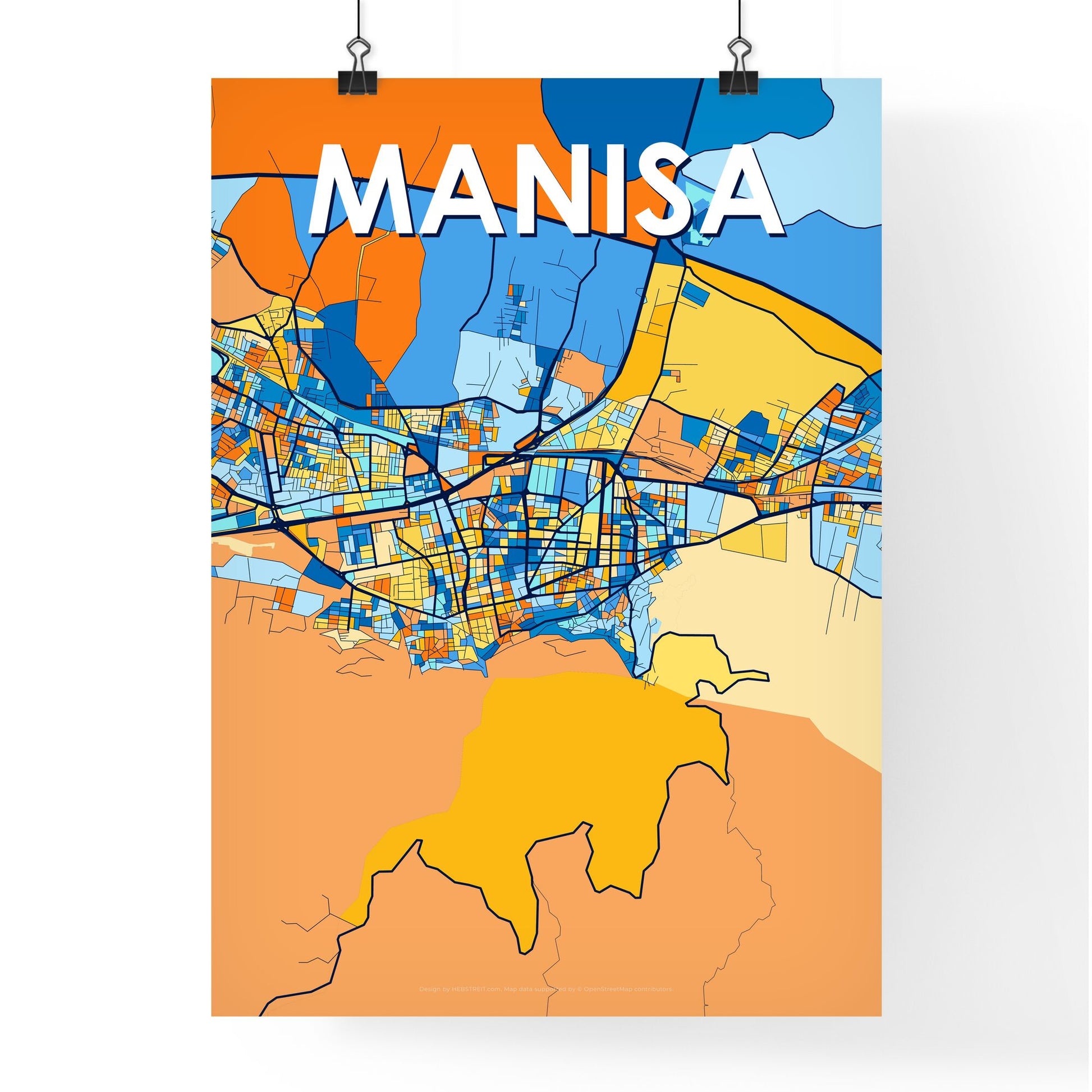 MANISA TURKEY Vibrant Colorful Art Map Poster Blue Orange