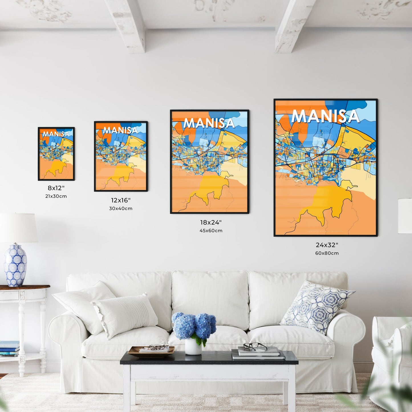 MANISA TURKEY Vibrant Colorful Art Map Poster Blue Orange