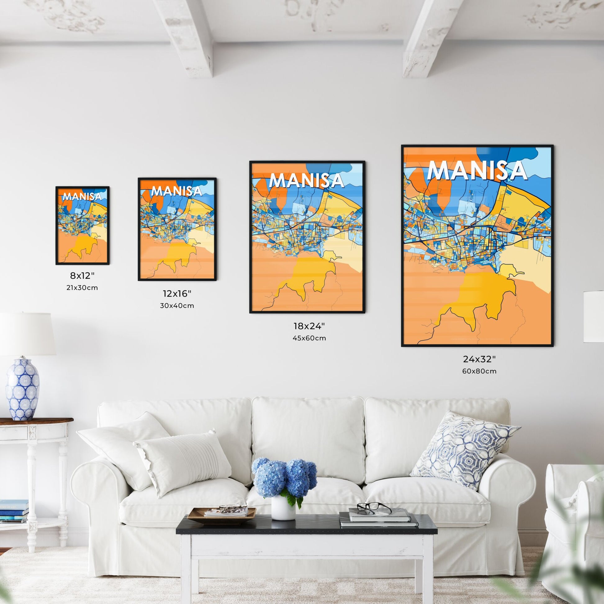 MANISA TURKEY Vibrant Colorful Art Map Poster Blue Orange