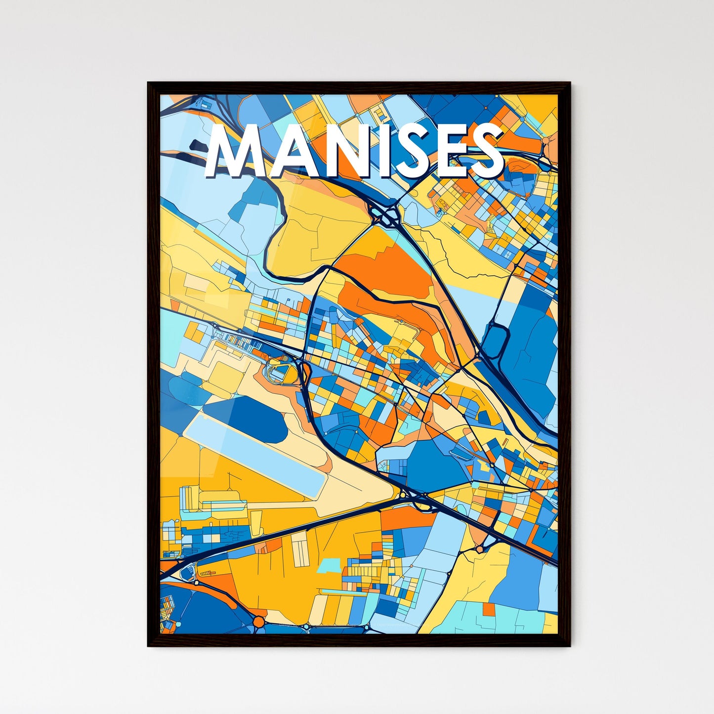 MANISES SPAIN Vibrant Colorful Art Map Poster Blue Orange