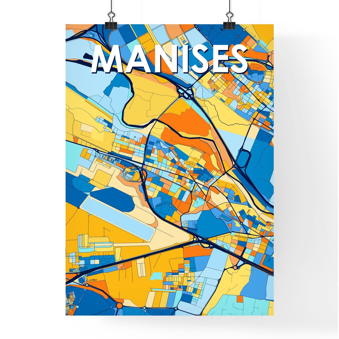 MANISES SPAIN Vibrant Colorful Art Map Poster Blue Orange