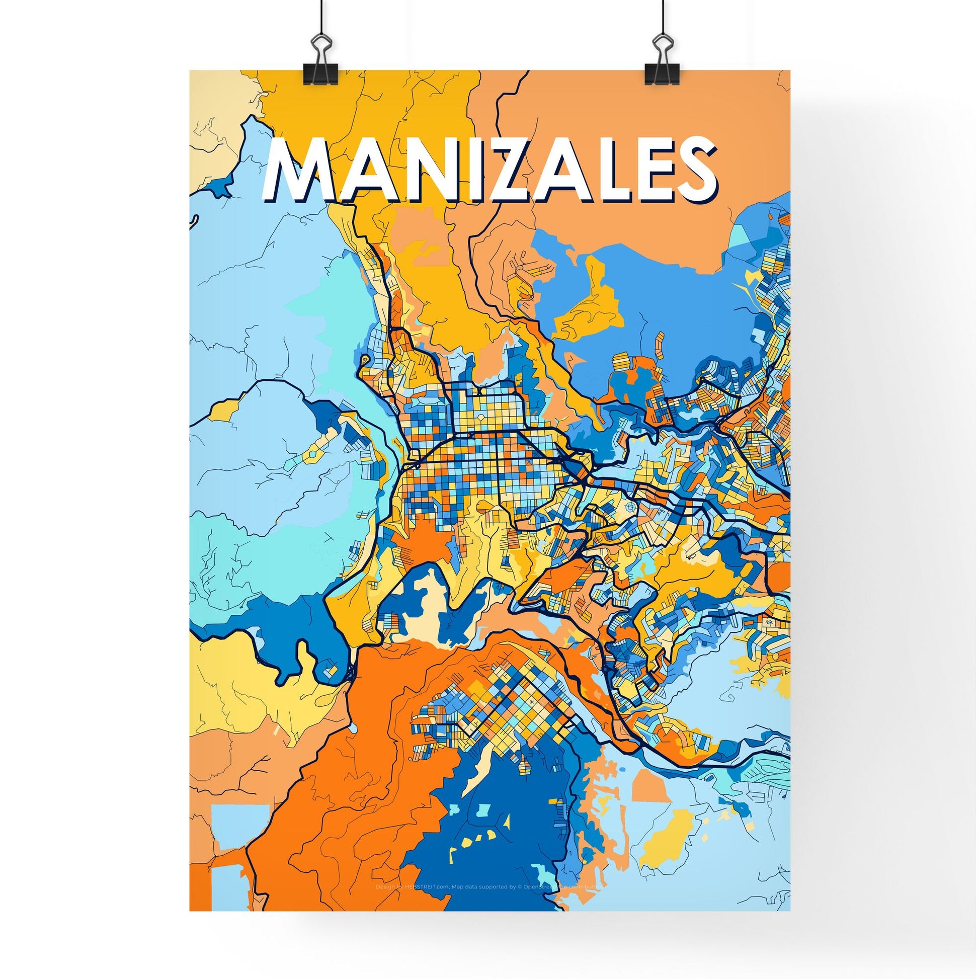 MANIZALES COLOMBIA Vibrant Colorful Art Map Poster Blue Orange