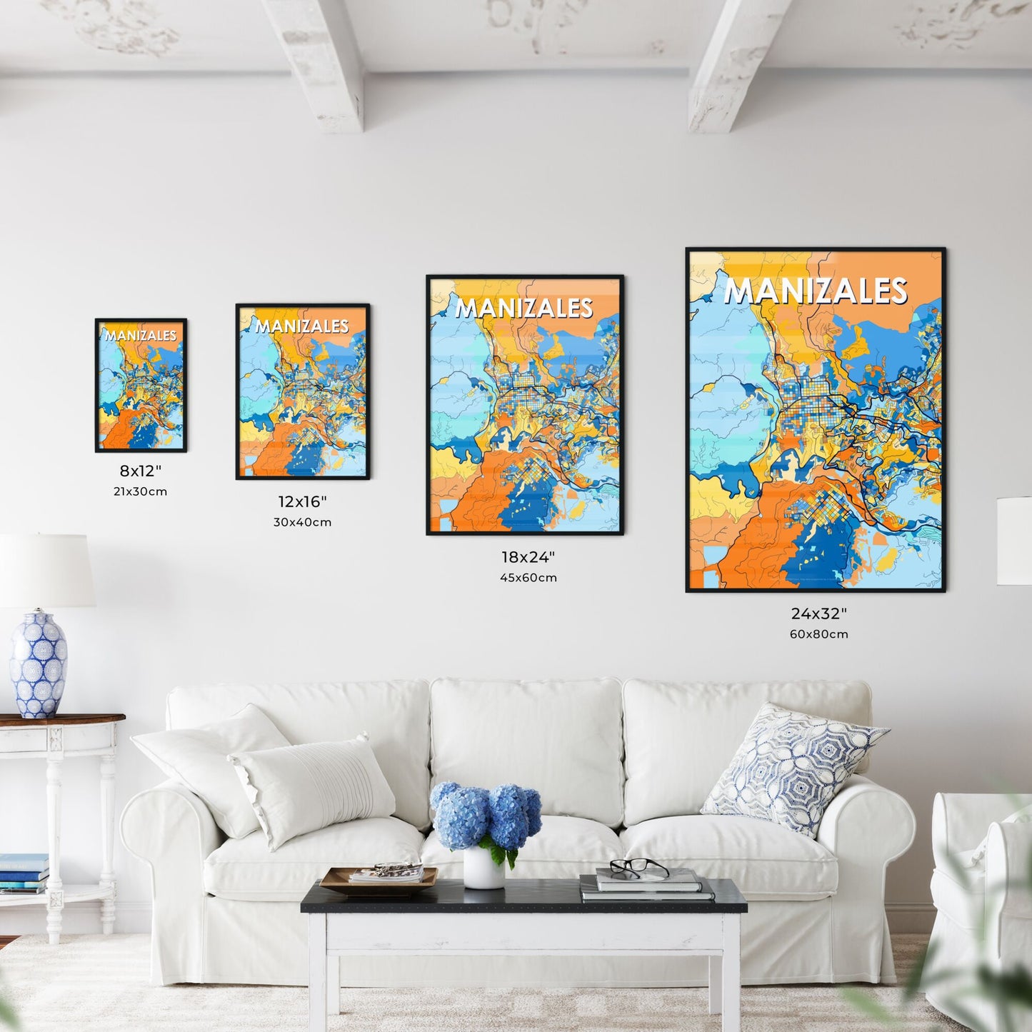 MANIZALES COLOMBIA Vibrant Colorful Art Map Poster Blue Orange