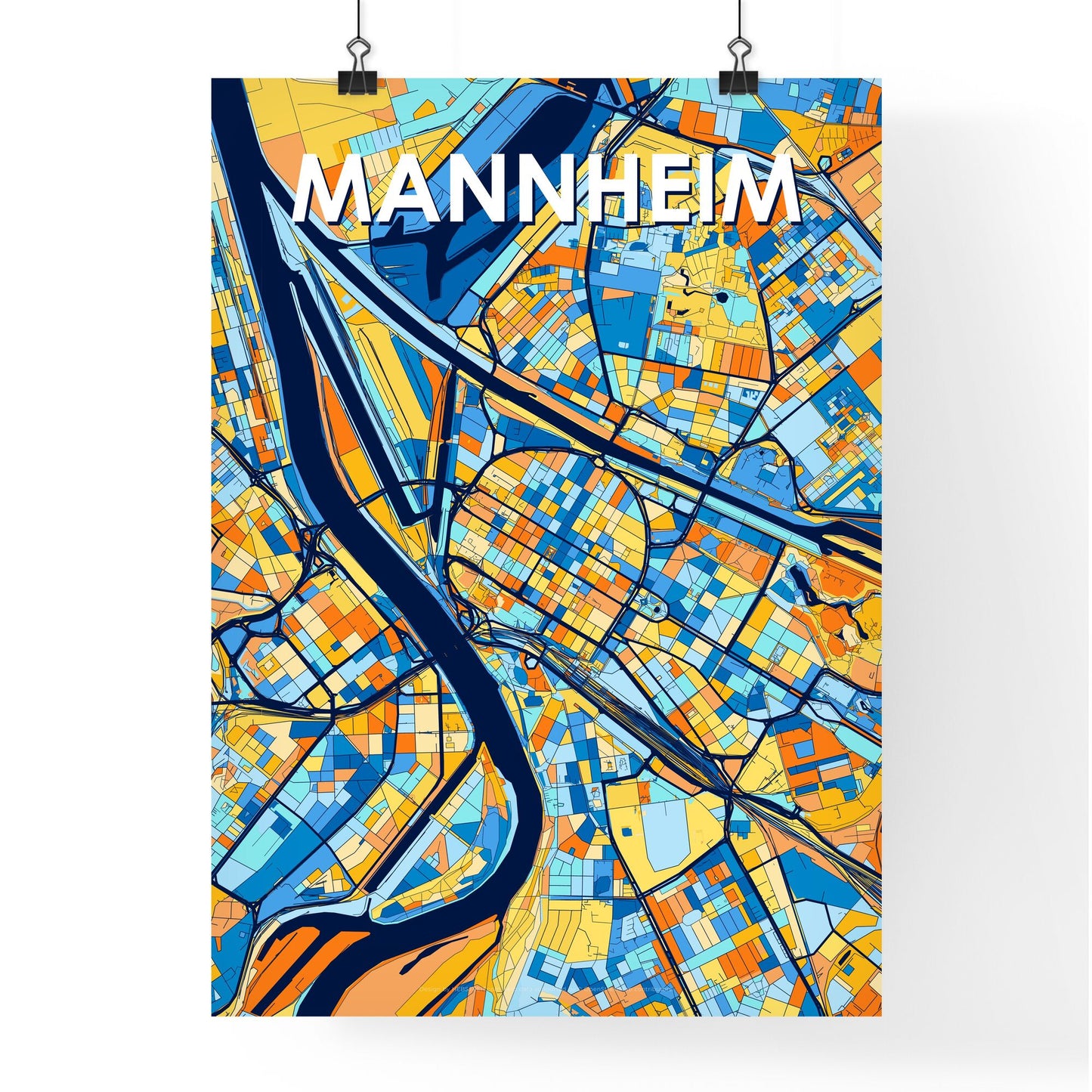 MANNHEIM GERMANY Vibrant Colorful Art Map Poster Blue Orange