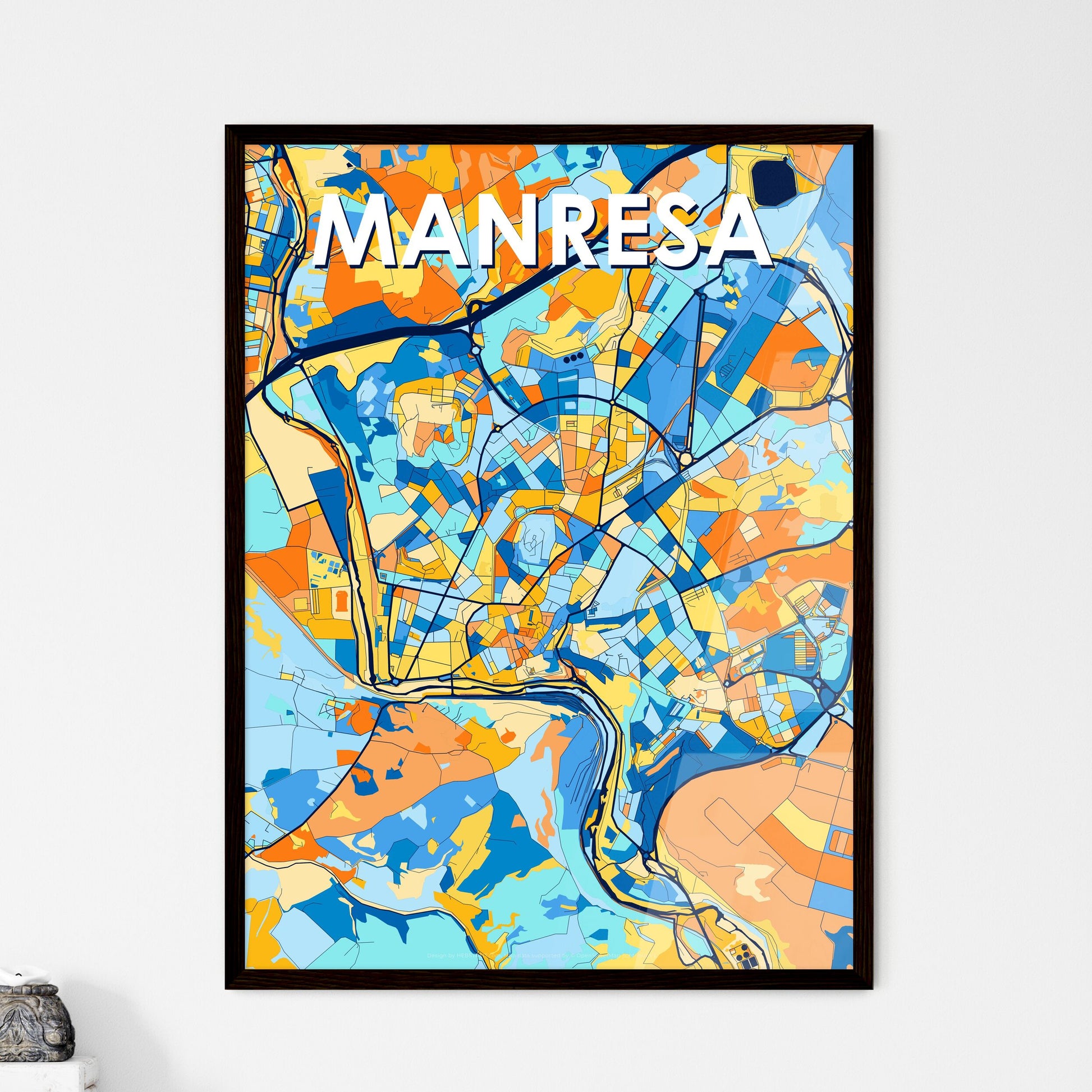 MANRESA SPAIN Vibrant Colorful Art Map Poster Blue Orange