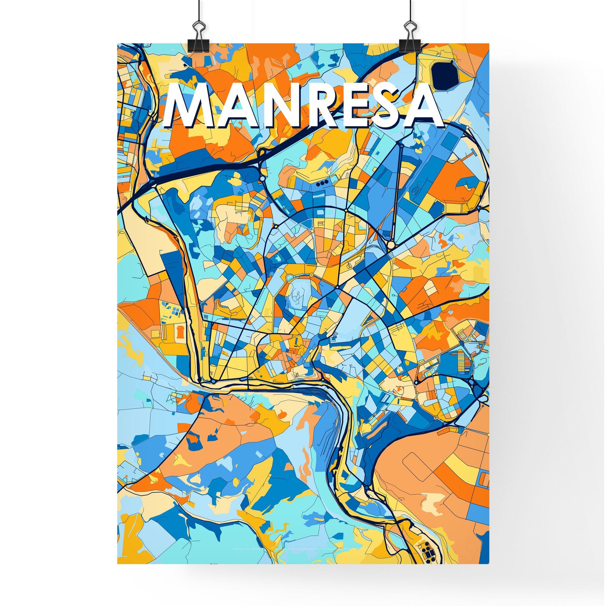 MANRESA SPAIN Vibrant Colorful Art Map Poster Blue Orange