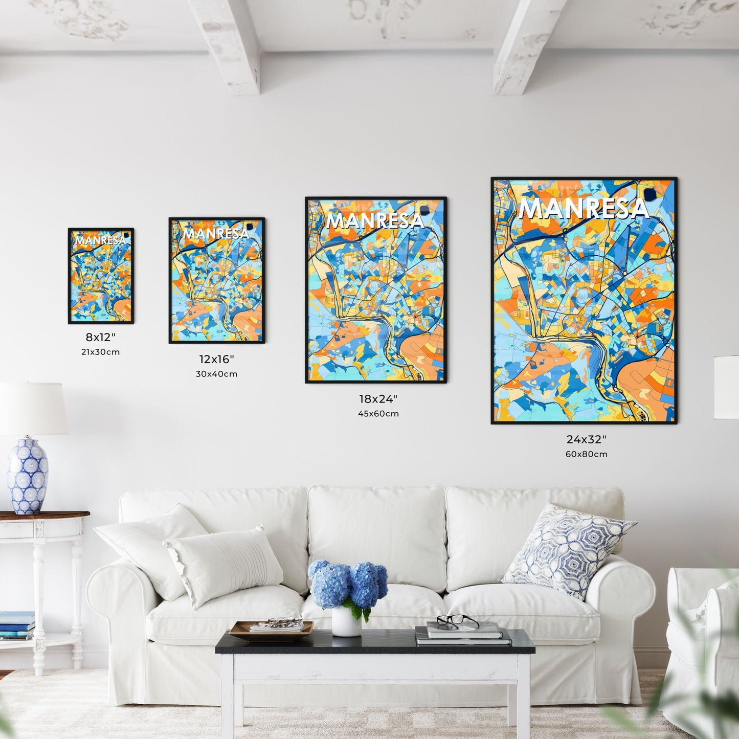 MANRESA SPAIN Vibrant Colorful Art Map Poster Blue Orange