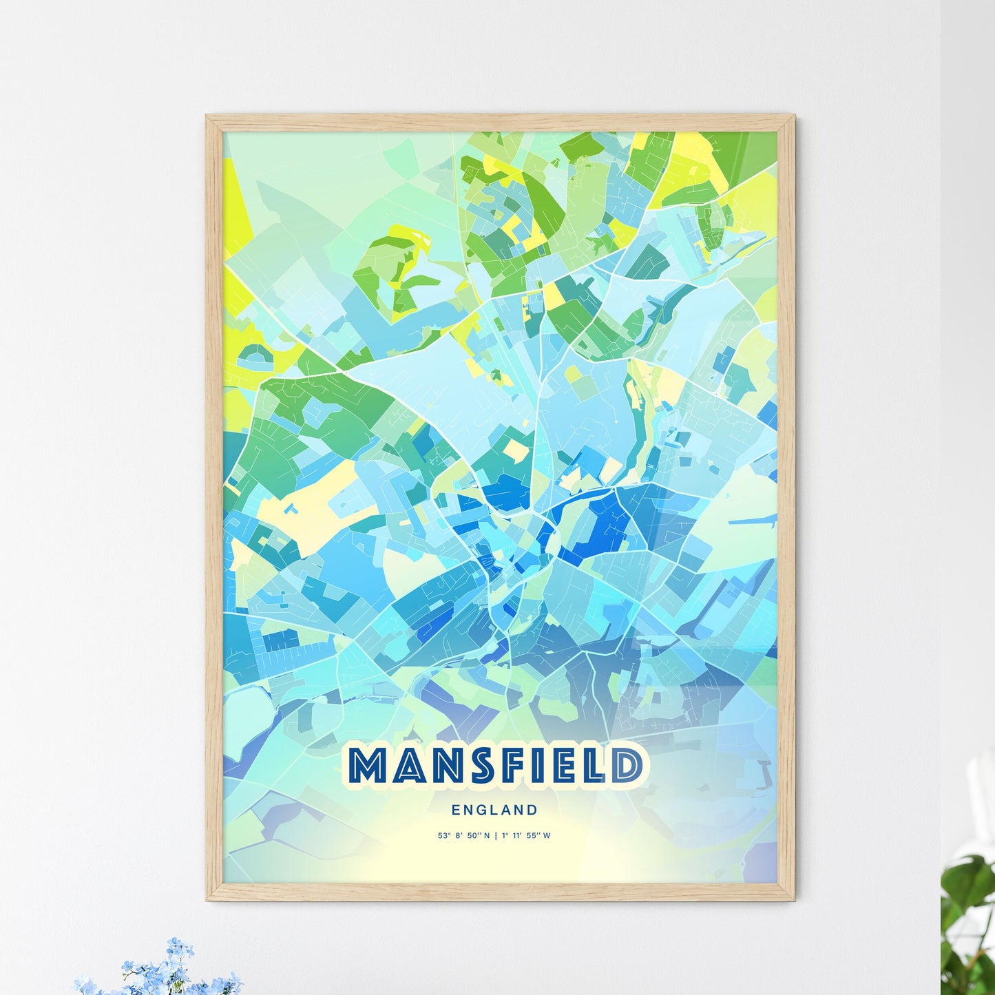 Colorful Mansfield England Fine Art Map Cool Blue