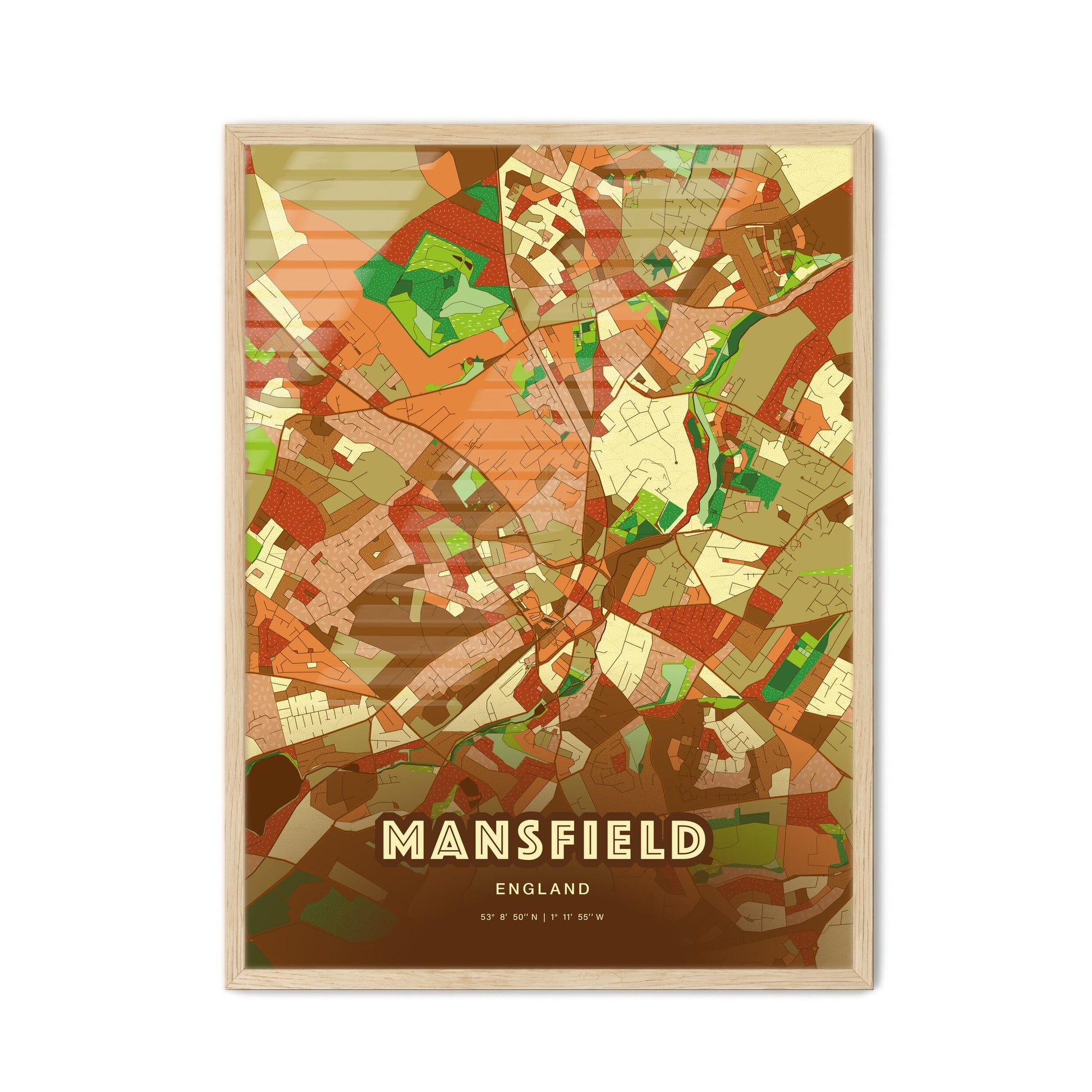 Colorful Mansfield England Fine Art Map Farmhouse