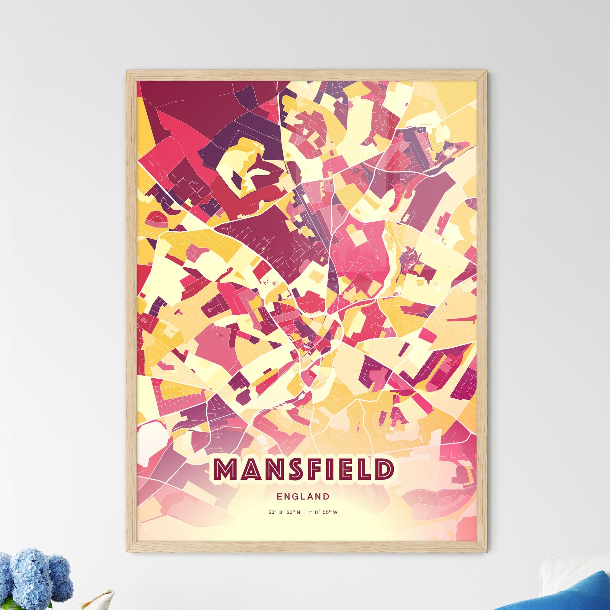 Colorful Mansfield England Fine Art Map Hot Red