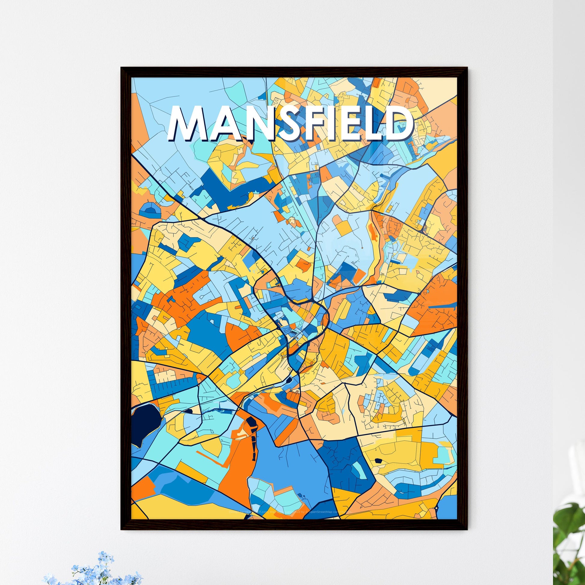 MANSFIELD ENGLAND Vibrant Colorful Art Map Poster Blue Orange