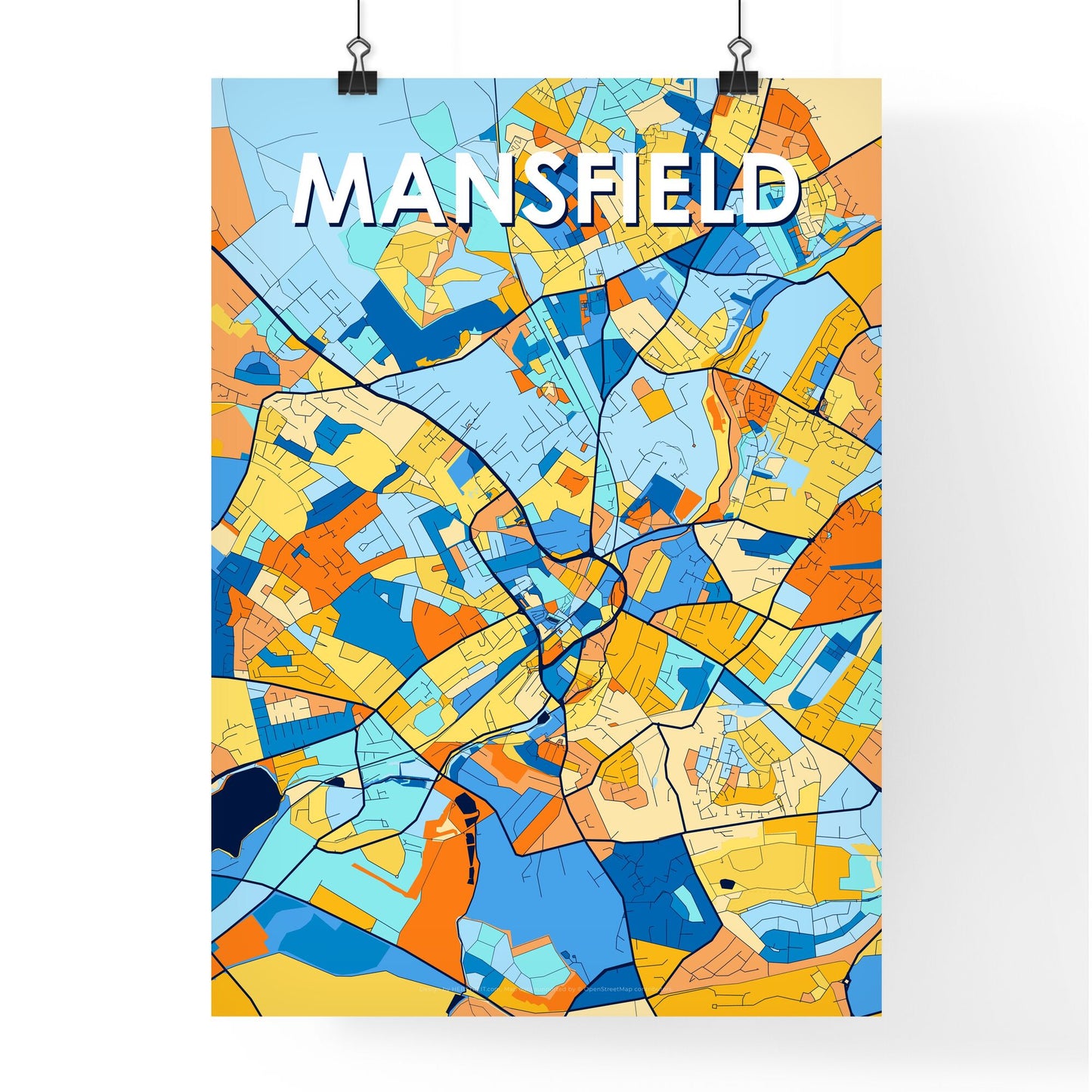 MANSFIELD ENGLAND Vibrant Colorful Art Map Poster Blue Orange