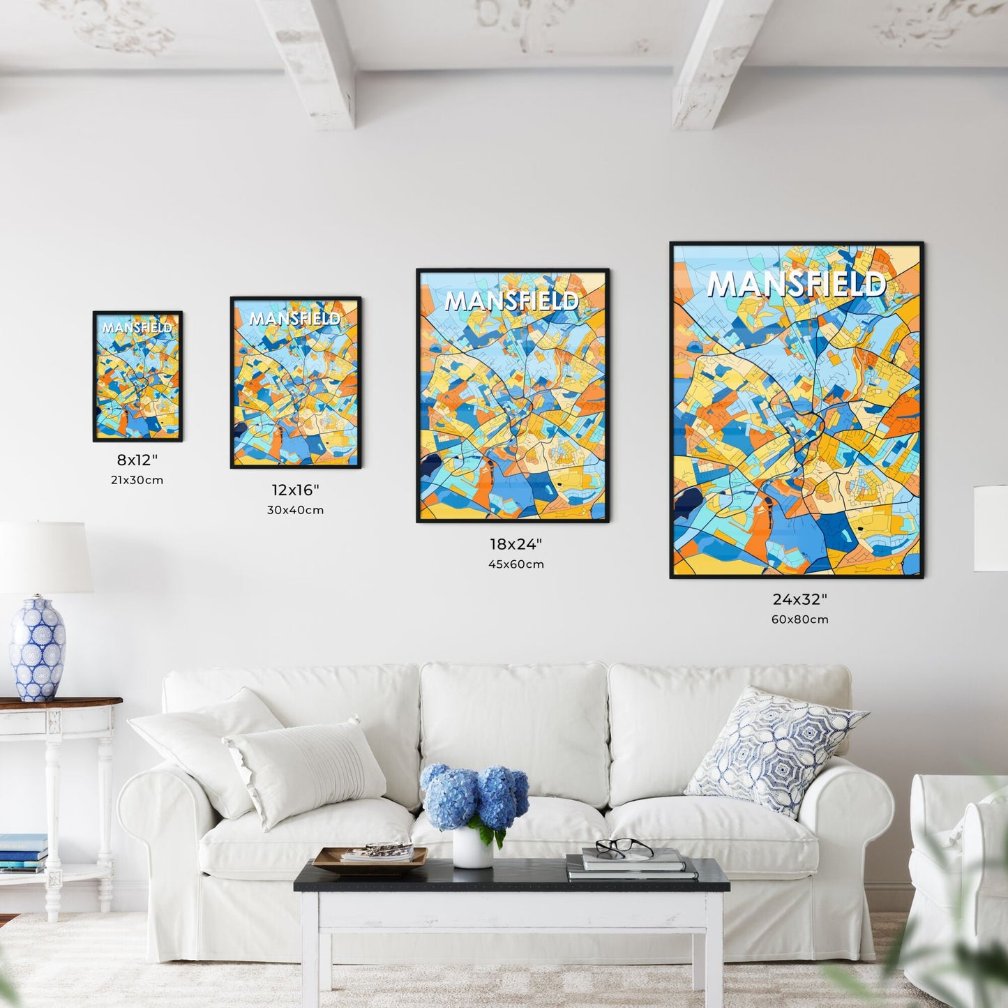 MANSFIELD ENGLAND Vibrant Colorful Art Map Poster Blue Orange