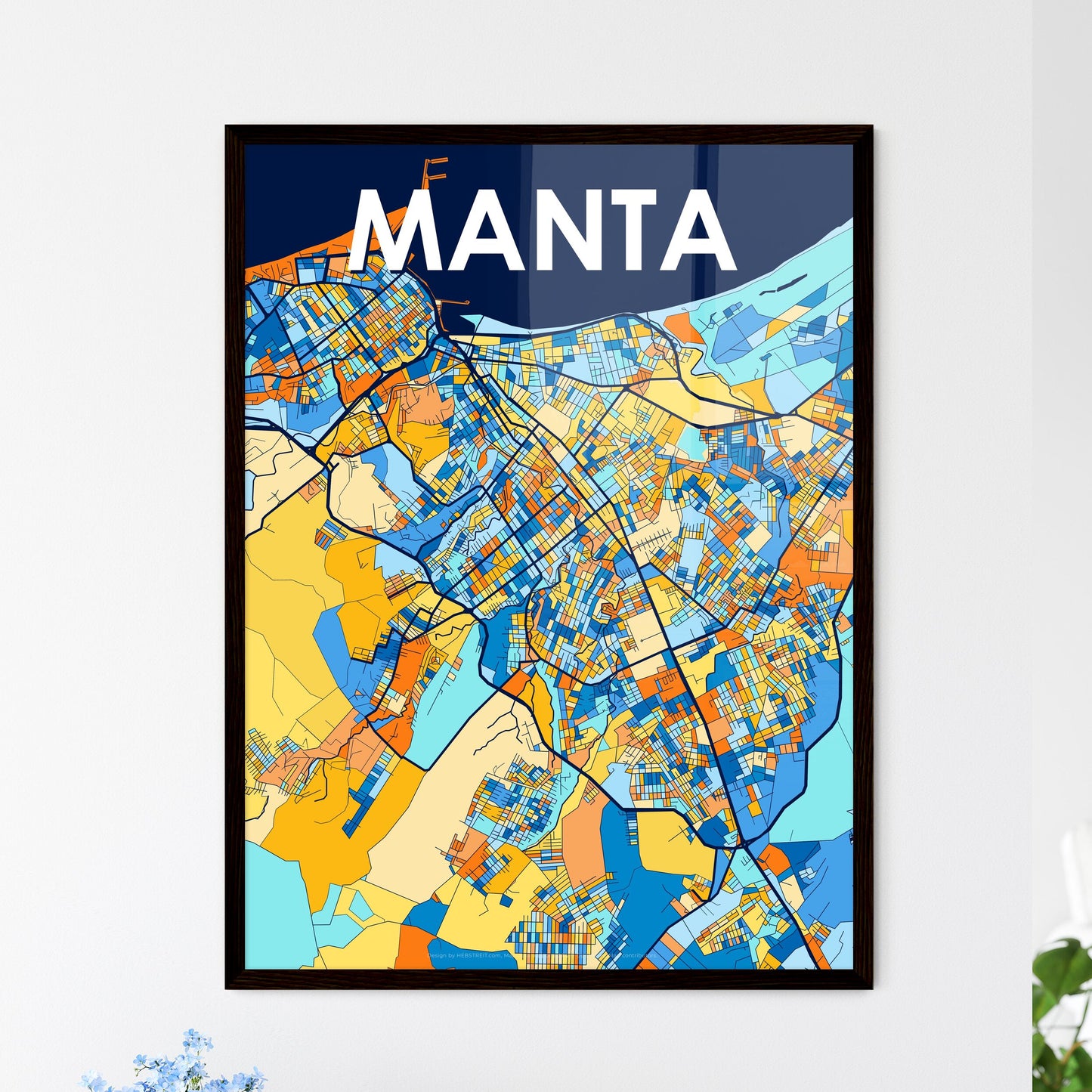 MANTA ECUADOR Vibrant Colorful Art Map Poster Blue Orange