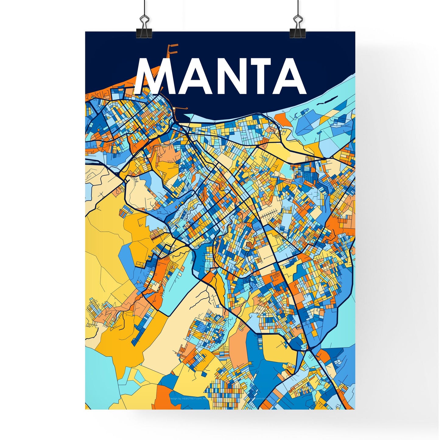 MANTA ECUADOR Vibrant Colorful Art Map Poster Blue Orange