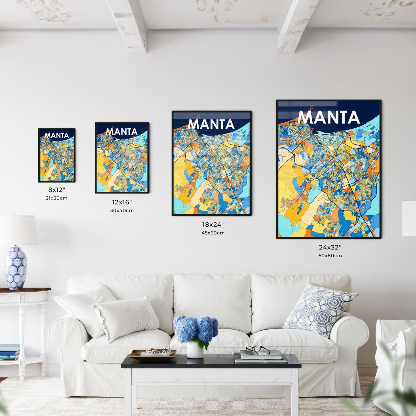 MANTA ECUADOR Vibrant Colorful Art Map Poster Blue Orange