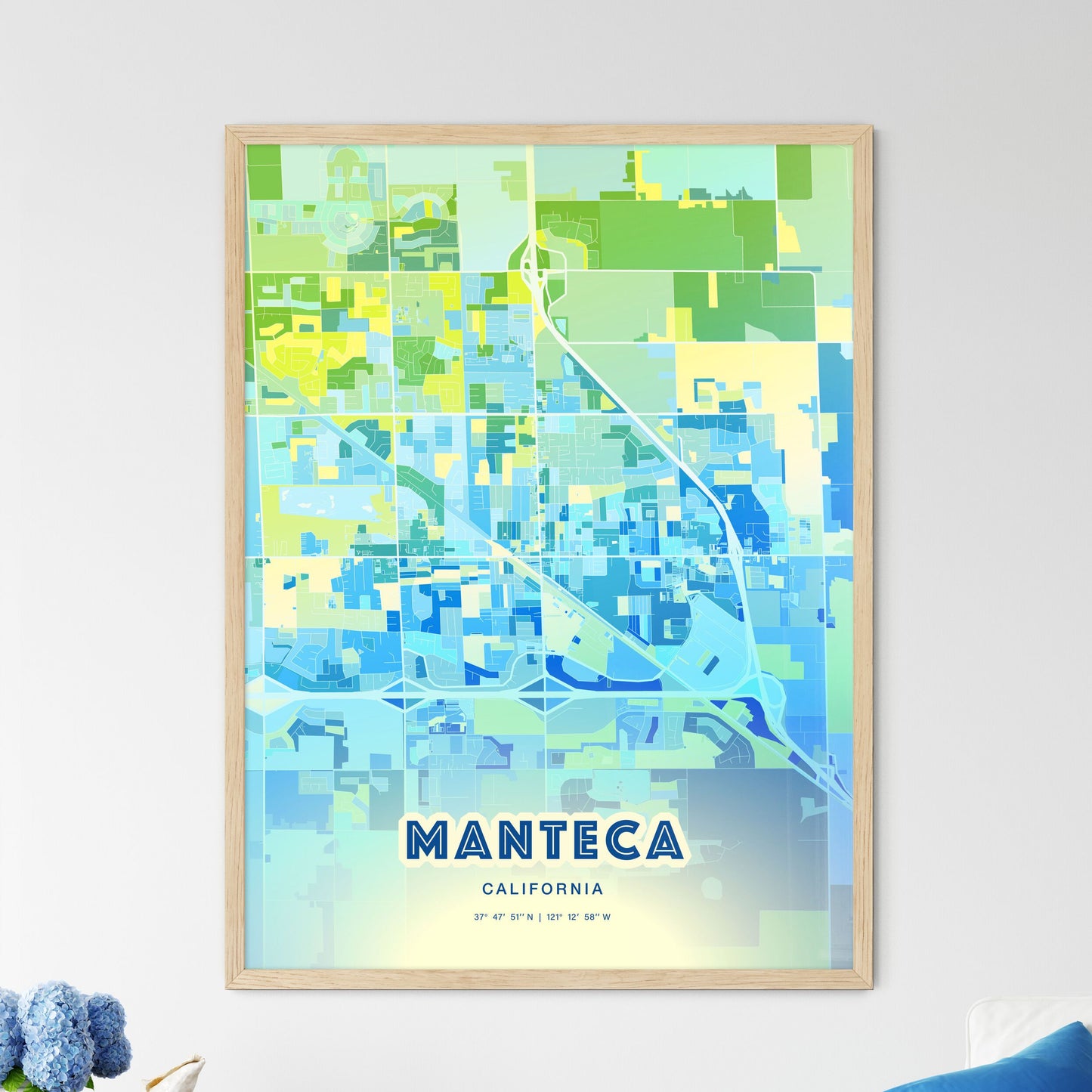Colorful Manteca California Fine Art Map Cool Blue
