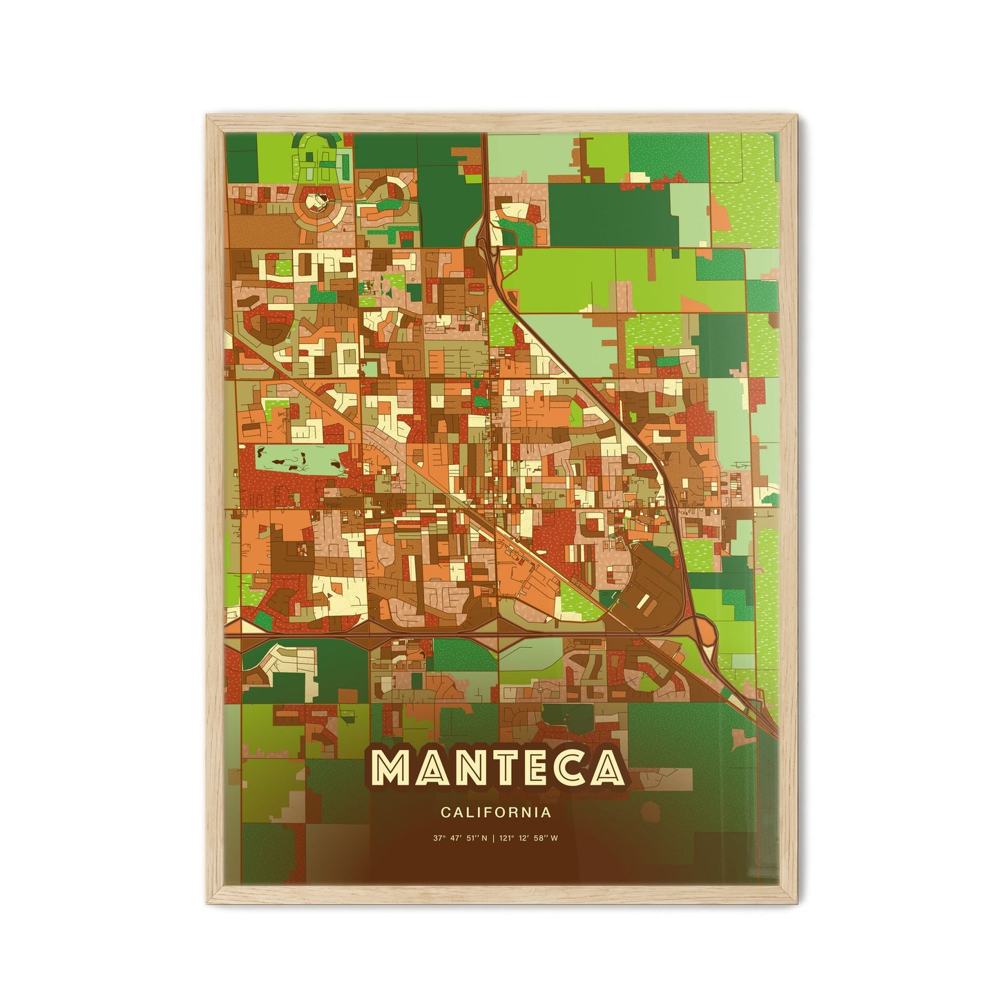Colorful Manteca California Fine Art Map Farmhouse