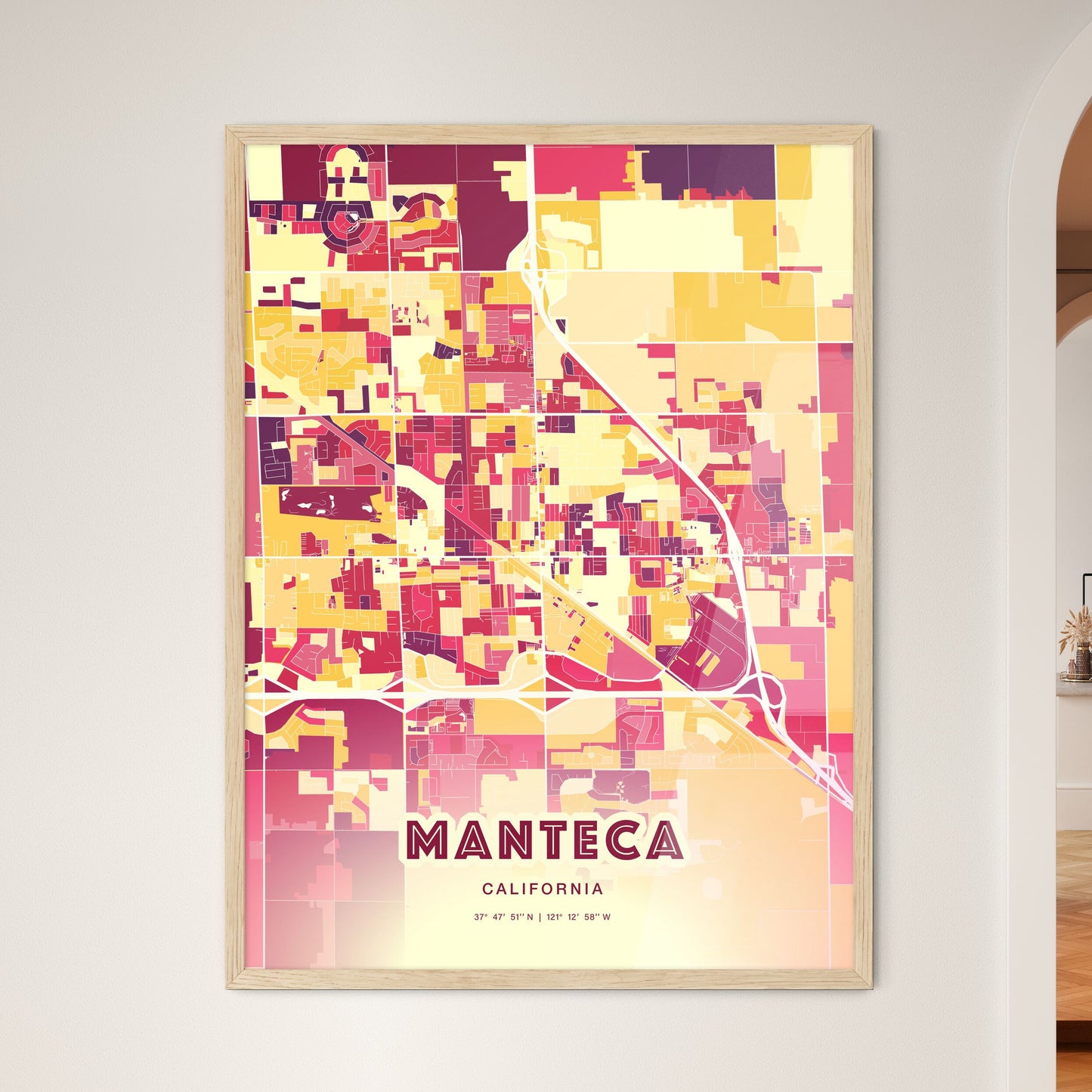 Colorful Manteca California Fine Art Map Hot Red