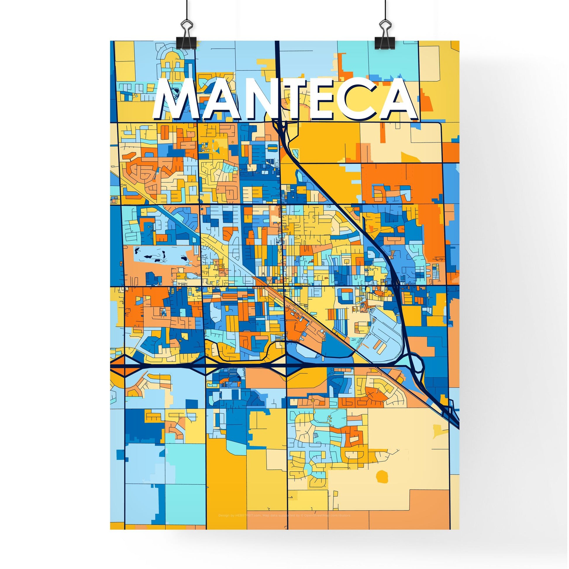 MANTECA CALIFORNIA Vibrant Colorful Art Map Poster Blue Orange