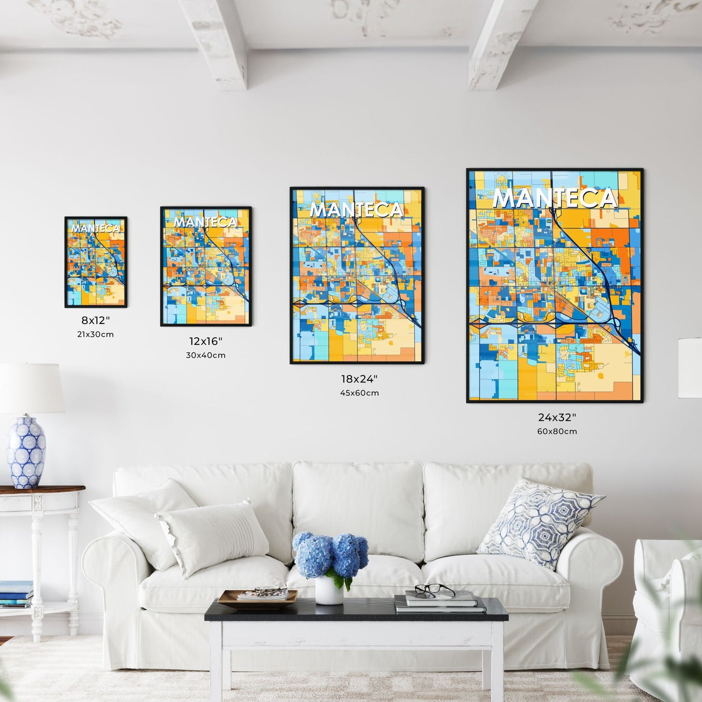 MANTECA CALIFORNIA Vibrant Colorful Art Map Poster Blue Orange