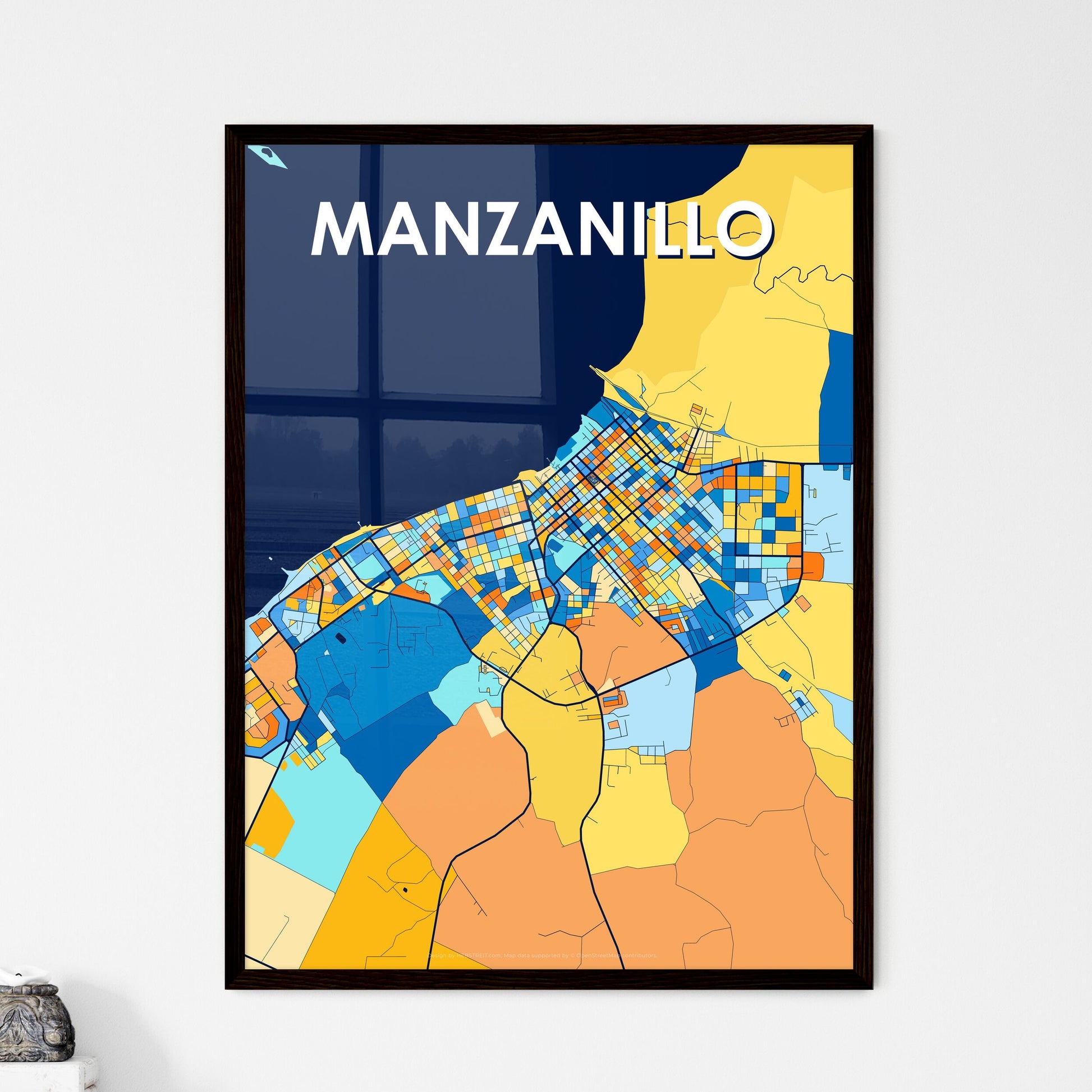 MANZANILLO CUBA Vibrant Colorful Art Map Poster Blue Orange