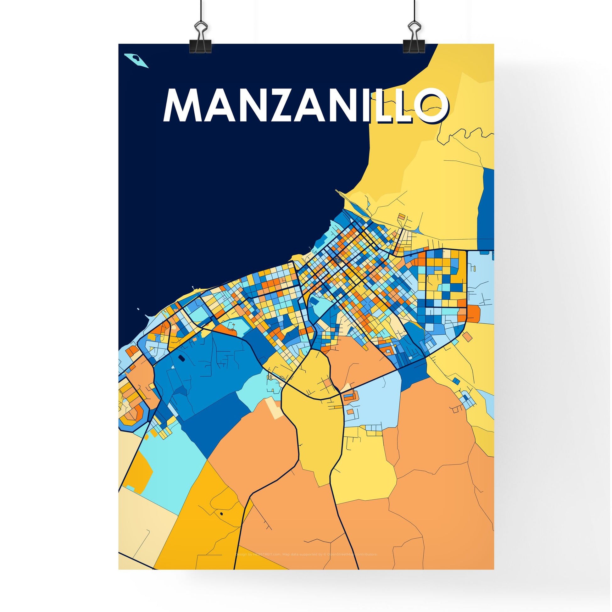 MANZANILLO CUBA Vibrant Colorful Art Map Poster Blue Orange